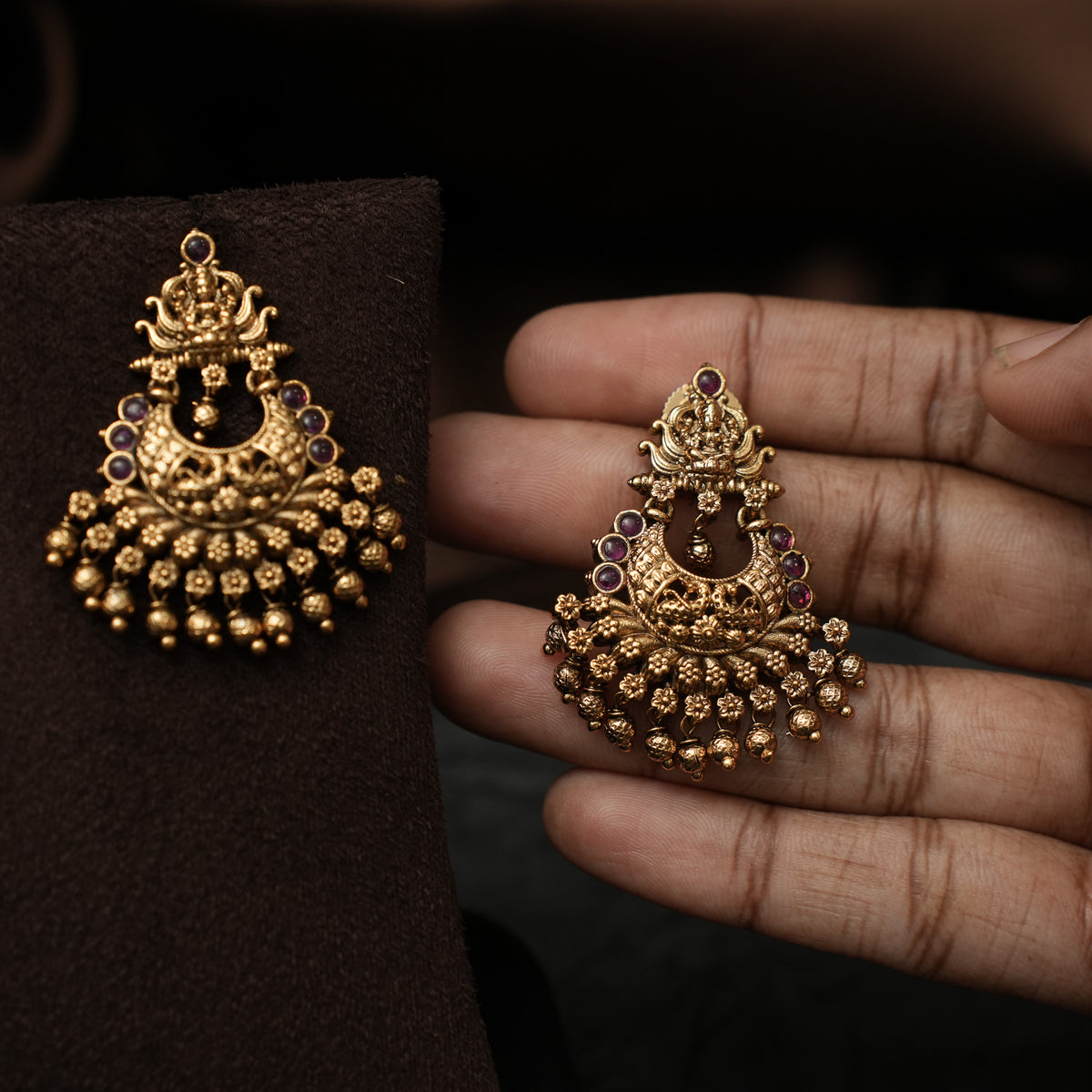 Swathi Antique Chandbali Earrings - Red