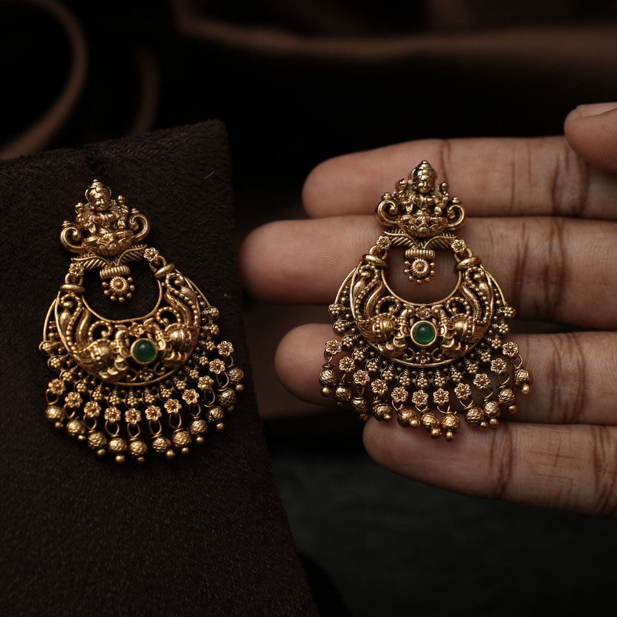 Swetha Antique Chandbali Earrings - Green