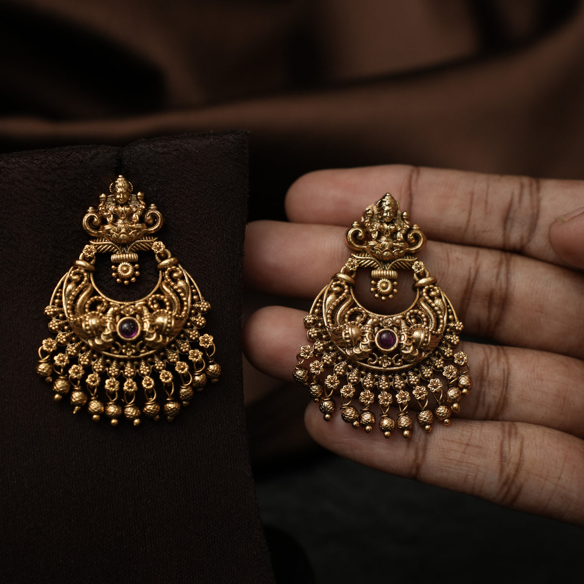 Swetha Antique Chandbali Earrings - Red