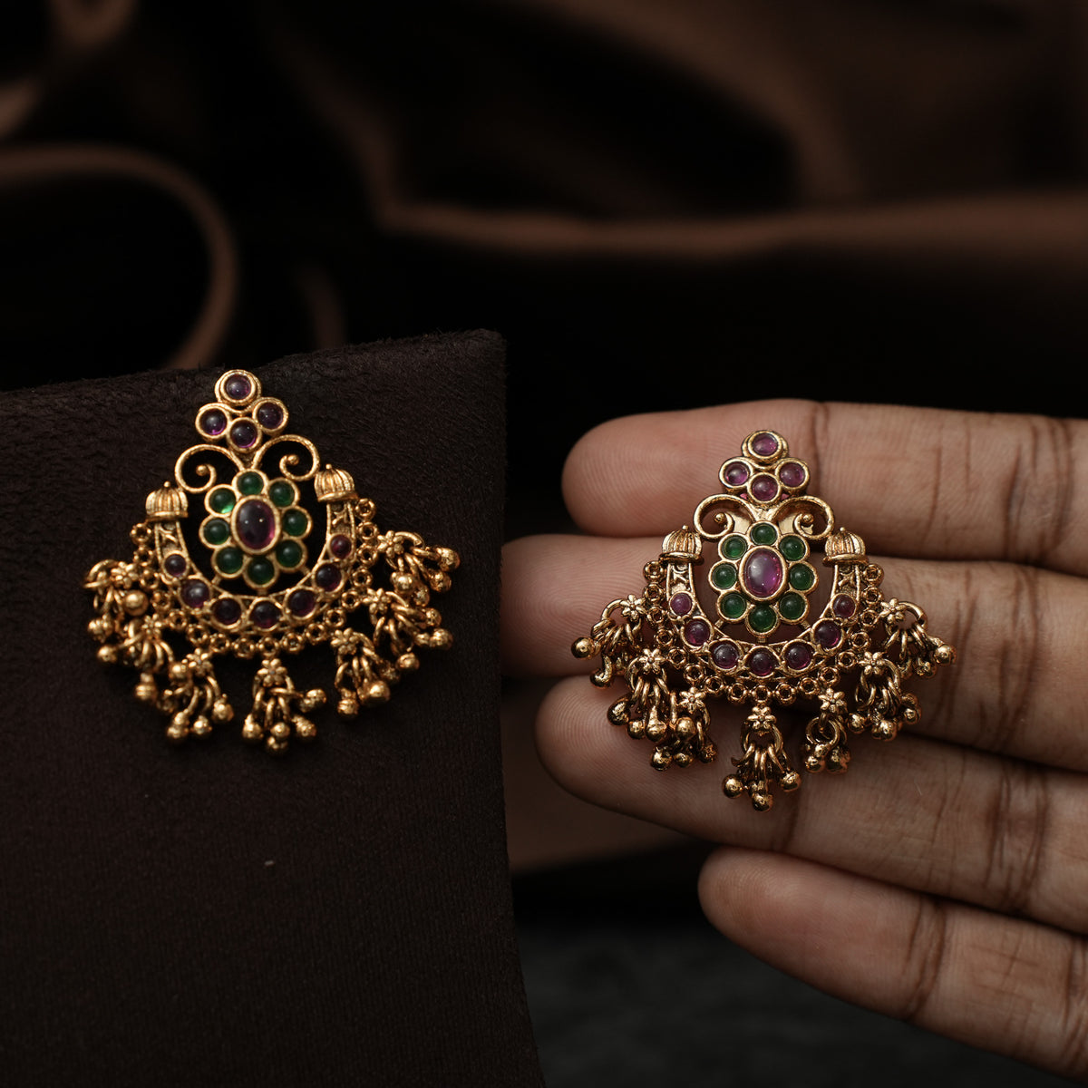 Krithya Antique Chandbali Earrings - Red & Green