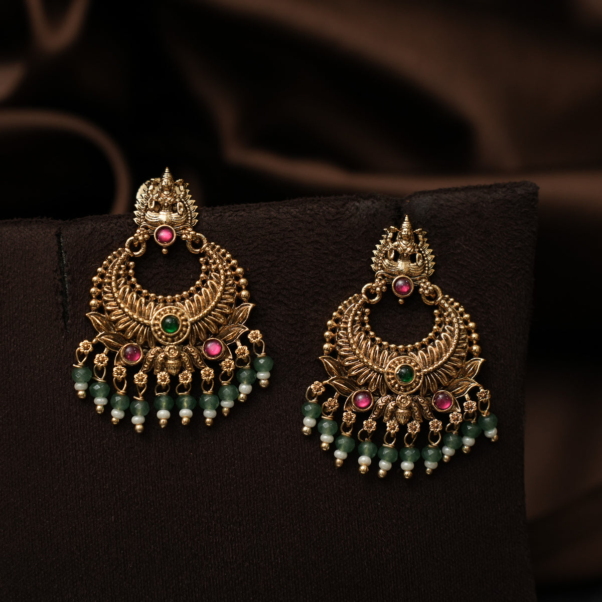 Umayal Antique Chandbali Earrings - Red & Green