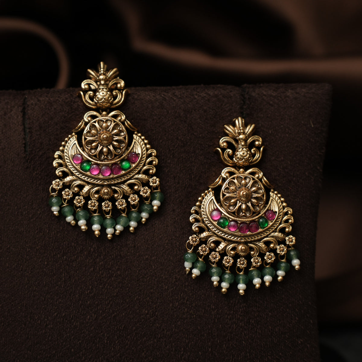 Sandhya Antique Chandbali Earrings - Red & Green