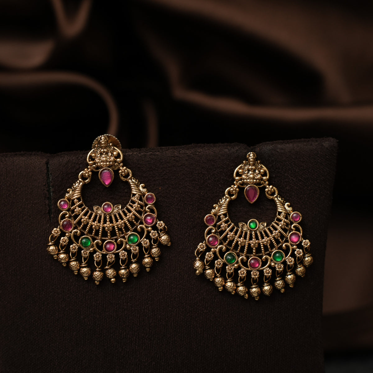 Paaru Antique Chandbali Earrings - Red & Green
