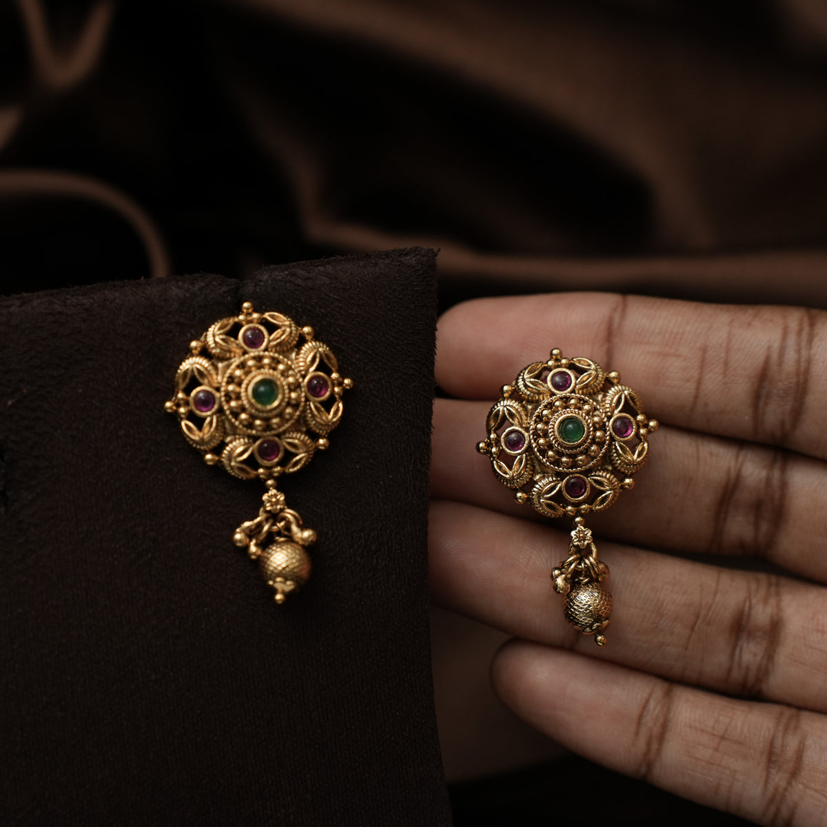Sandhana Antique Ear Stud - Red & Green