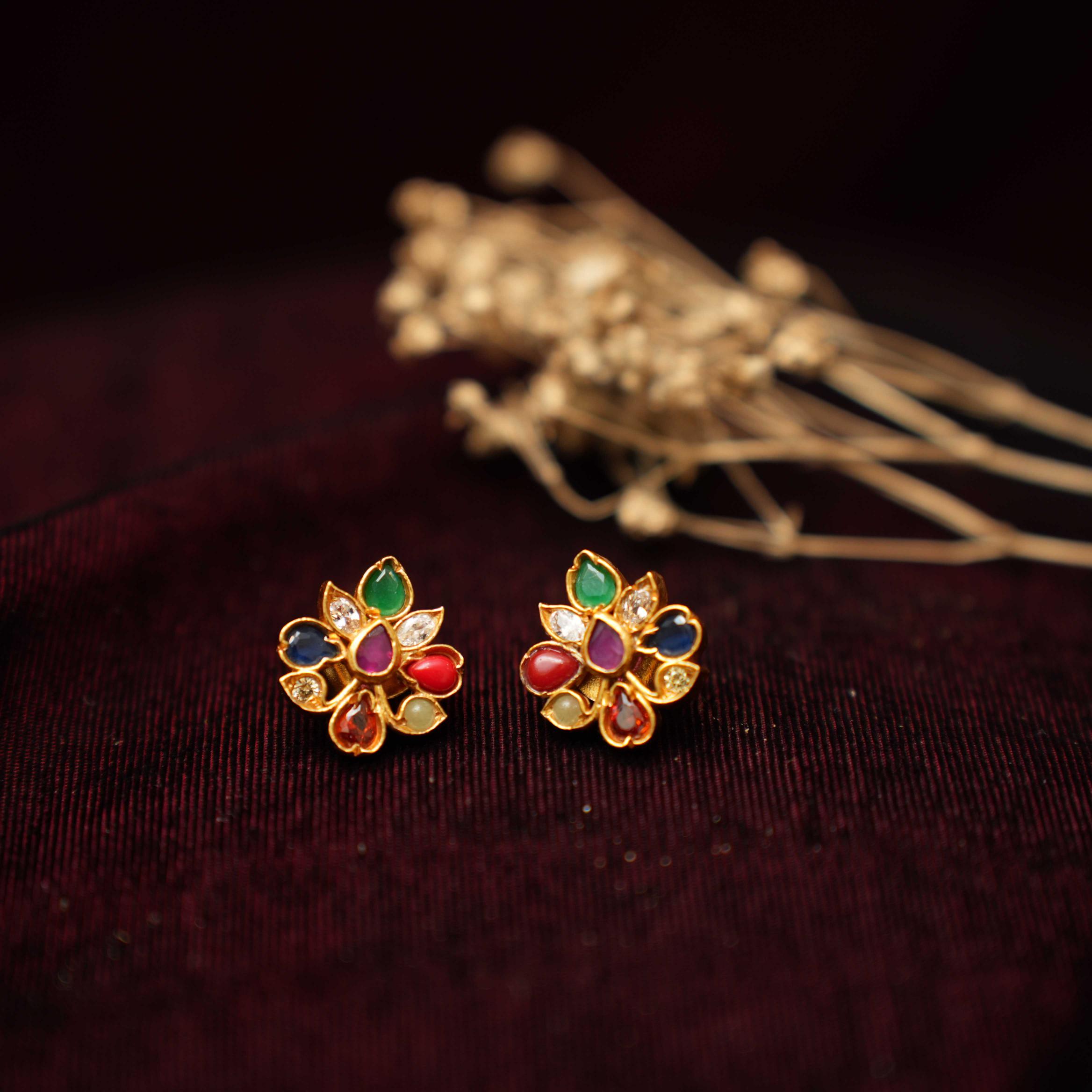 Atreyi Silver Navaratna Ear Stud - Rimli Boutique