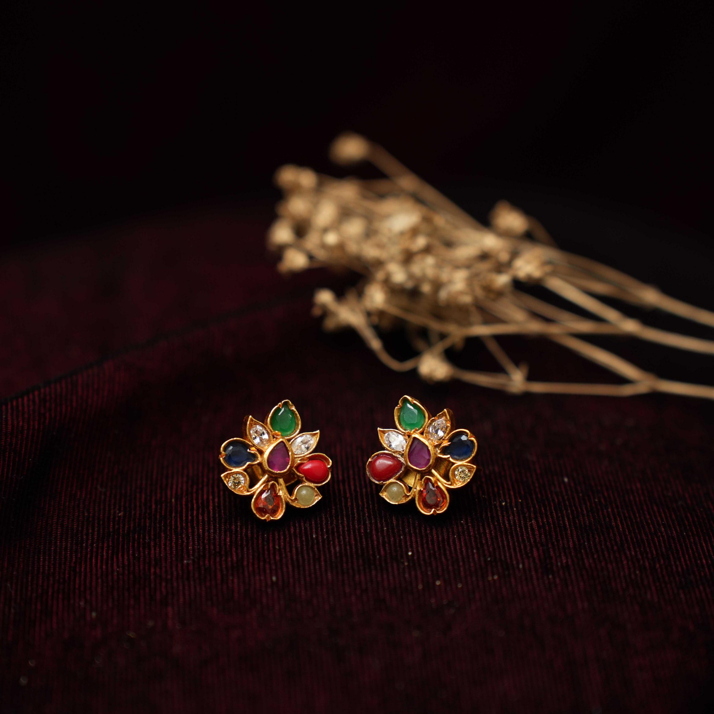 Atreyi Silver Navaratna Ear Stud - Rimli Boutique