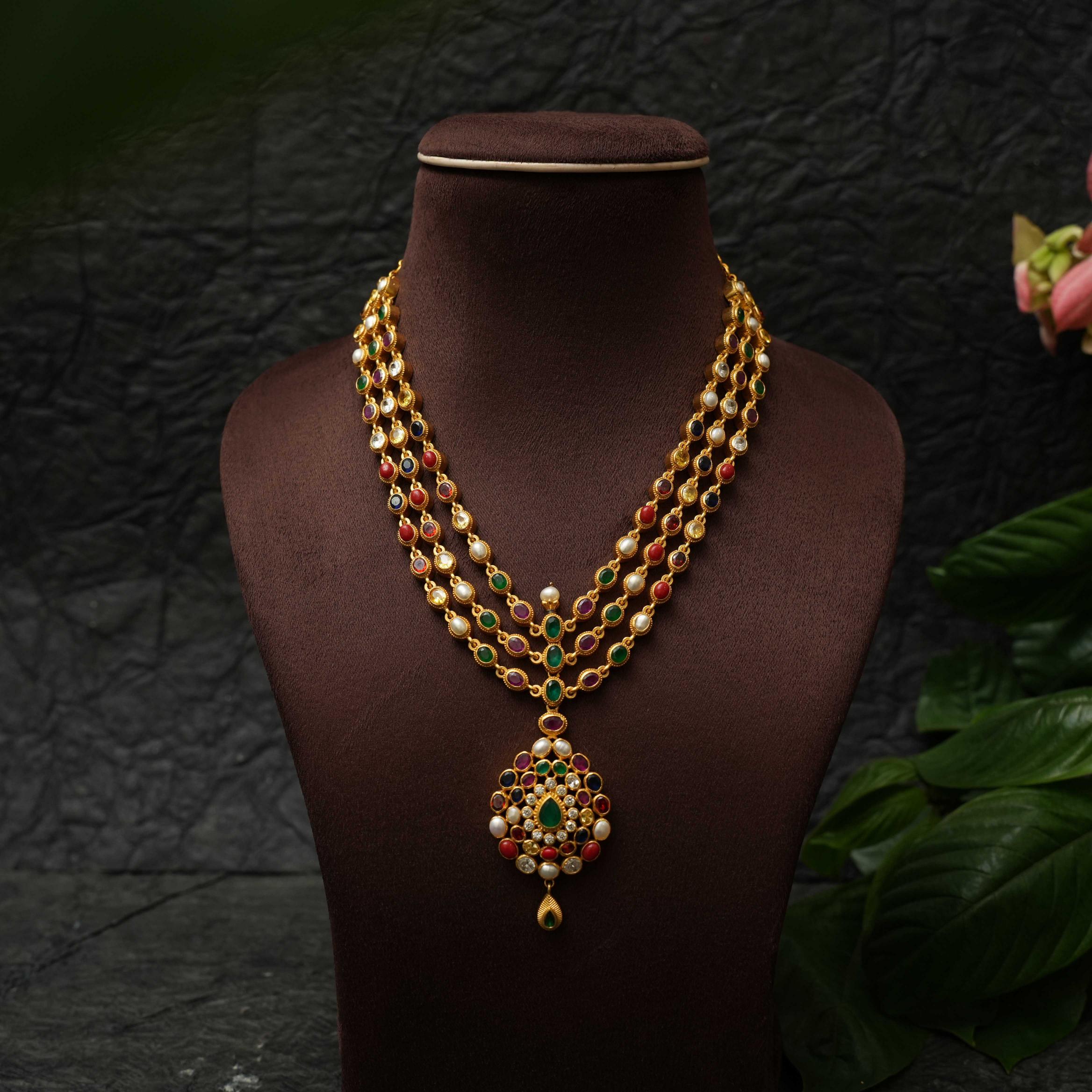 Navarathna Layered Silver Necklace