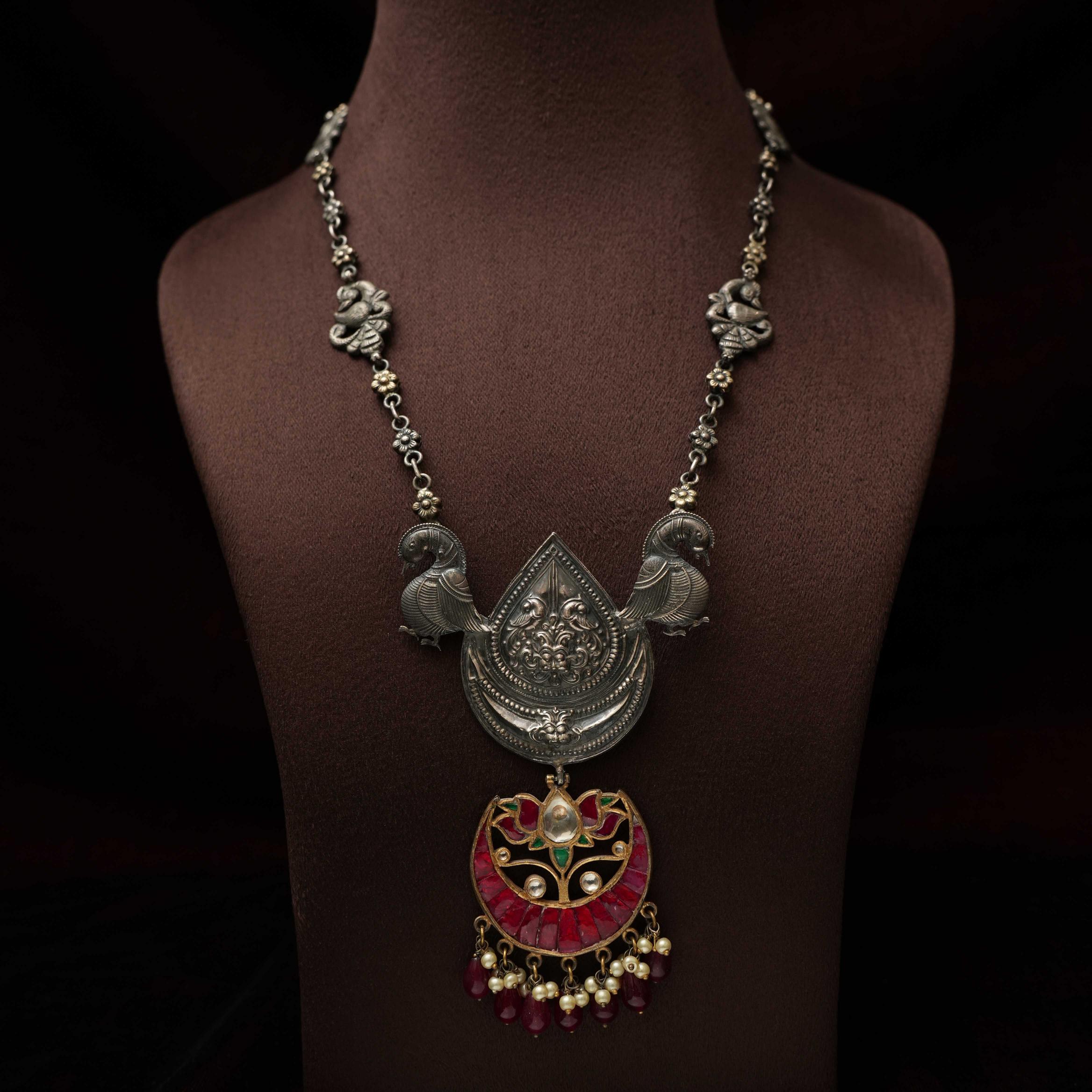 Dual Tone Polki Silver Necklace - Rimli Boutique