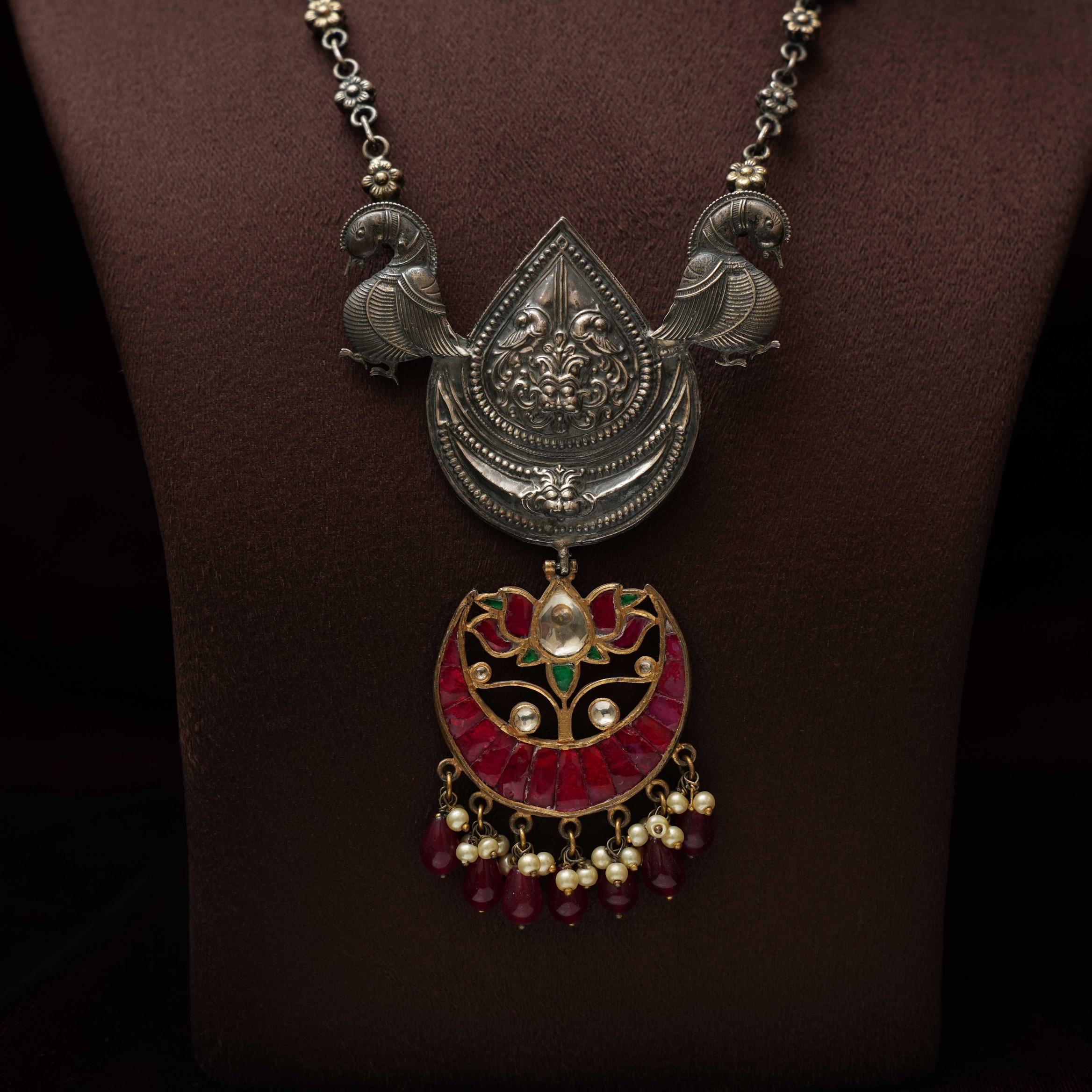 Dual Tone Polki Silver Necklace - Rimli Boutique