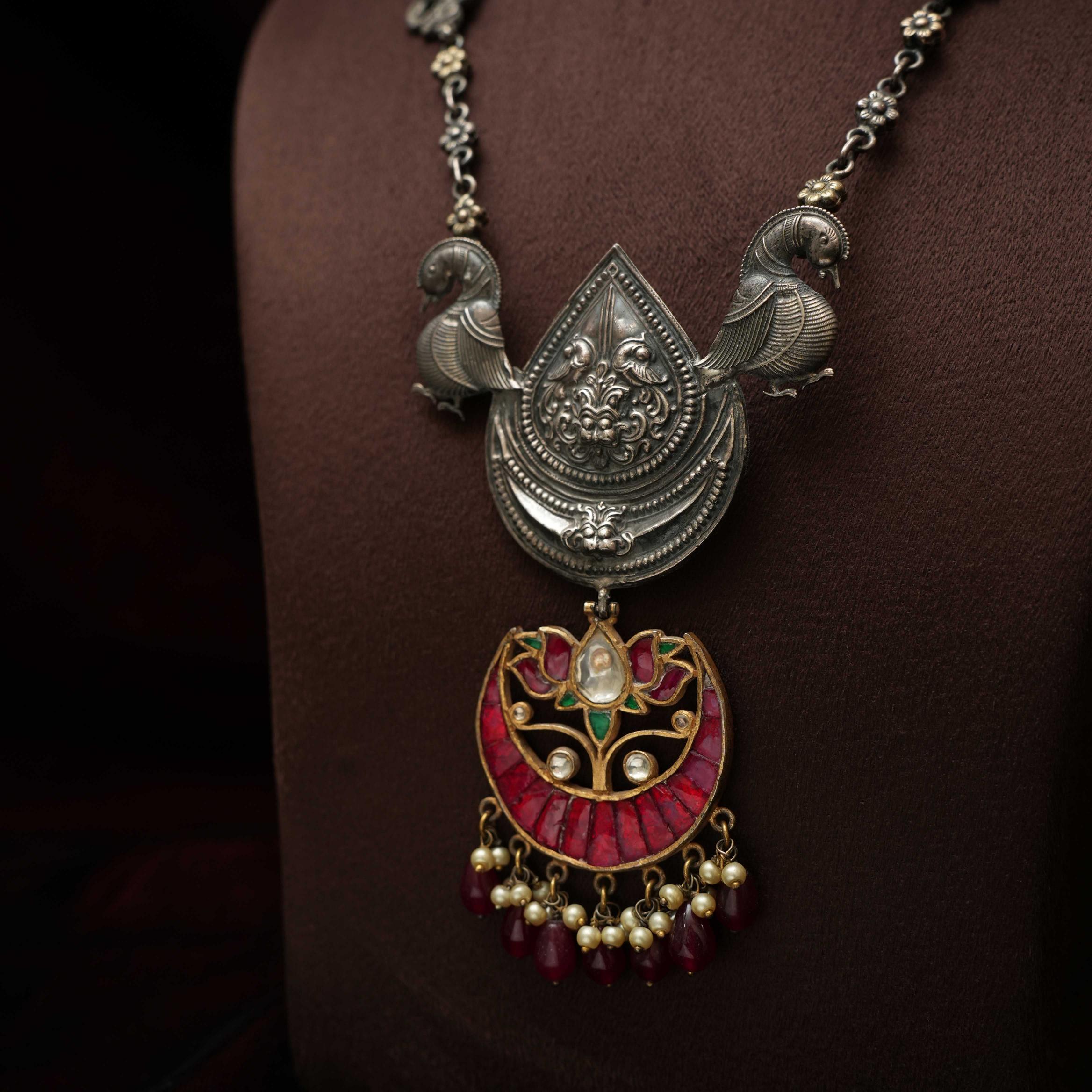 Dual Tone Polki Silver Necklace - Rimli Boutique