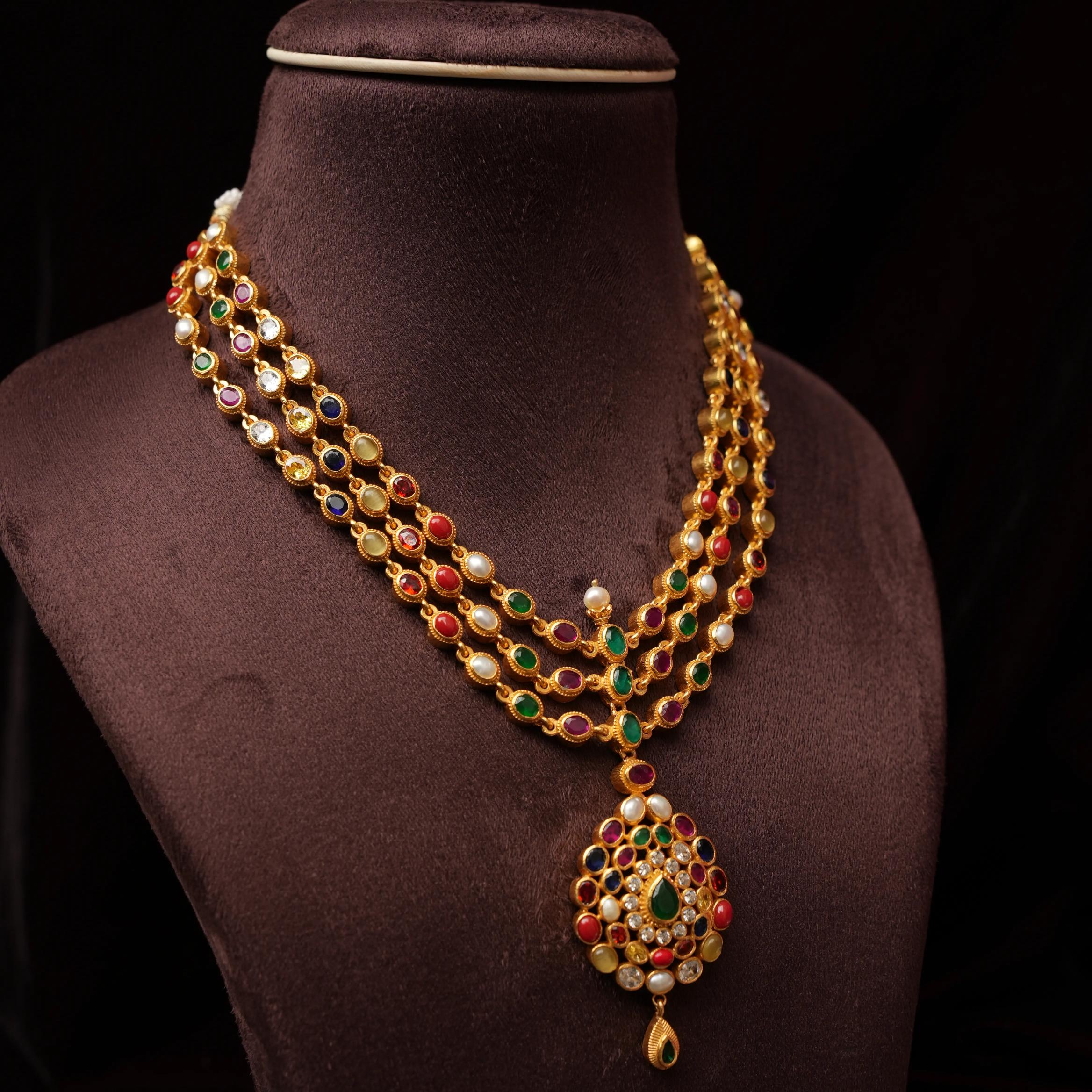 Navarathna Layered Silver Necklace - Rimli Boutique