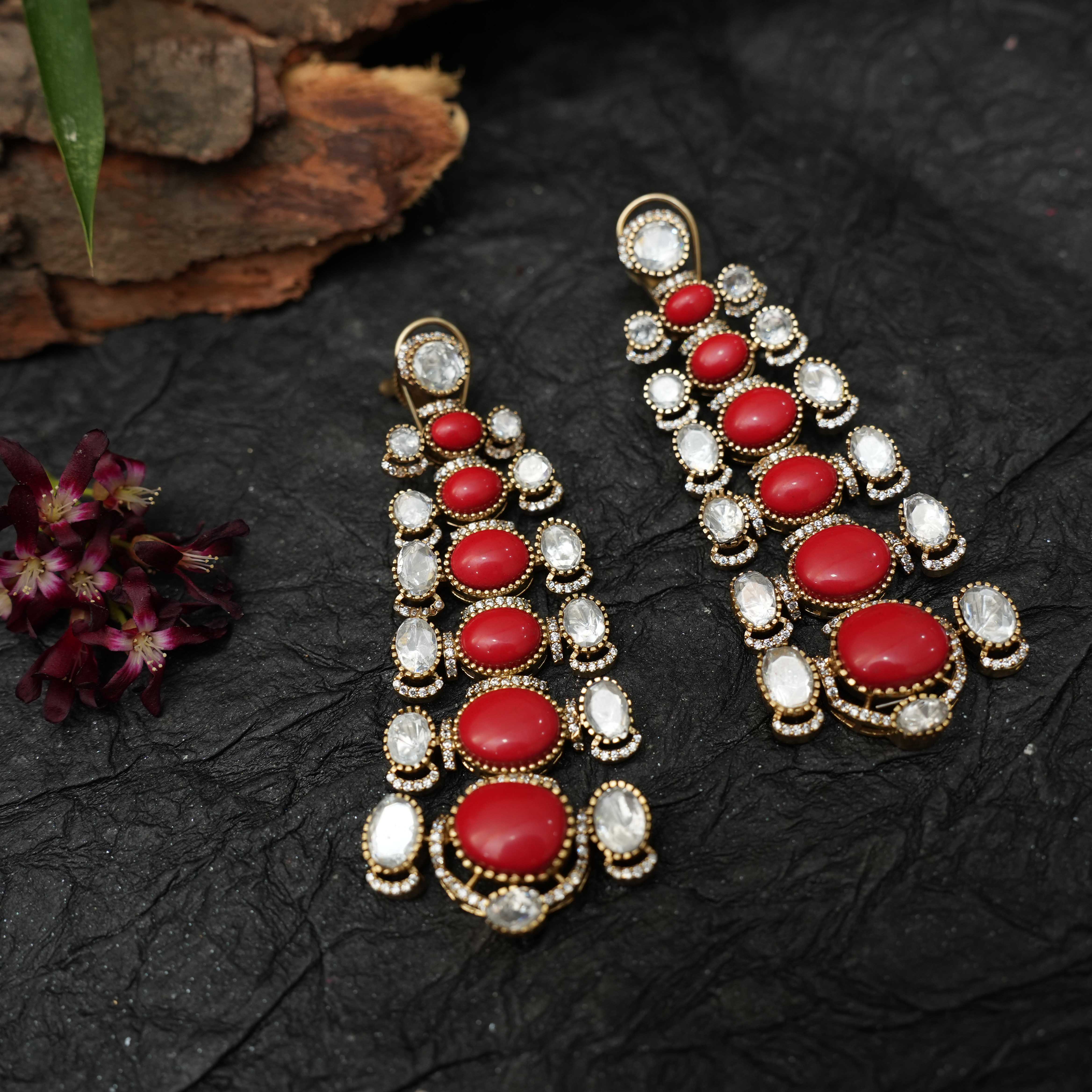 Inaya Kundan Polki Designer Earrings - Red - Rimli Boutique
