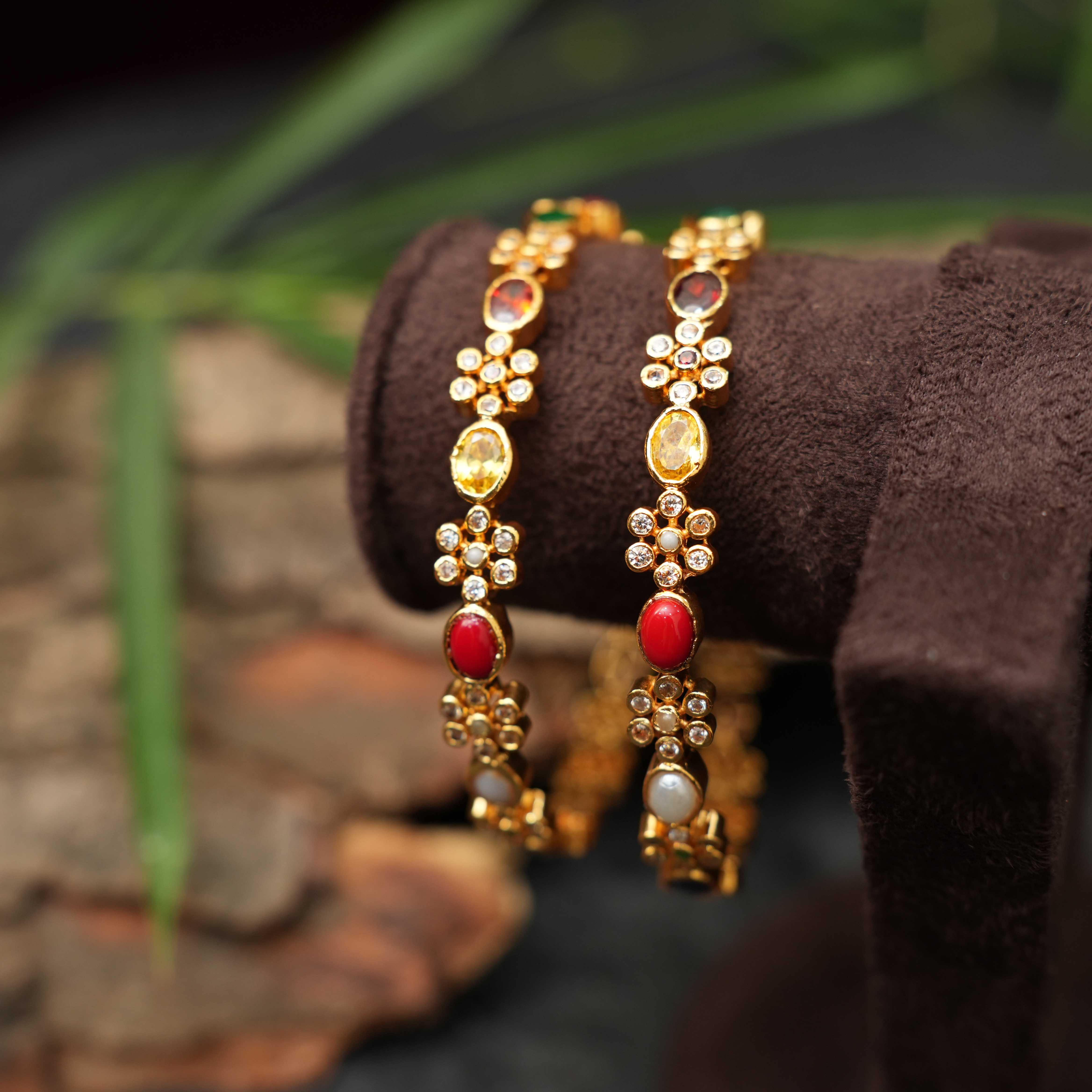 Mila 925 Silver Gold Plated Navaratna Bangle (Pair) - Rimli Boutique