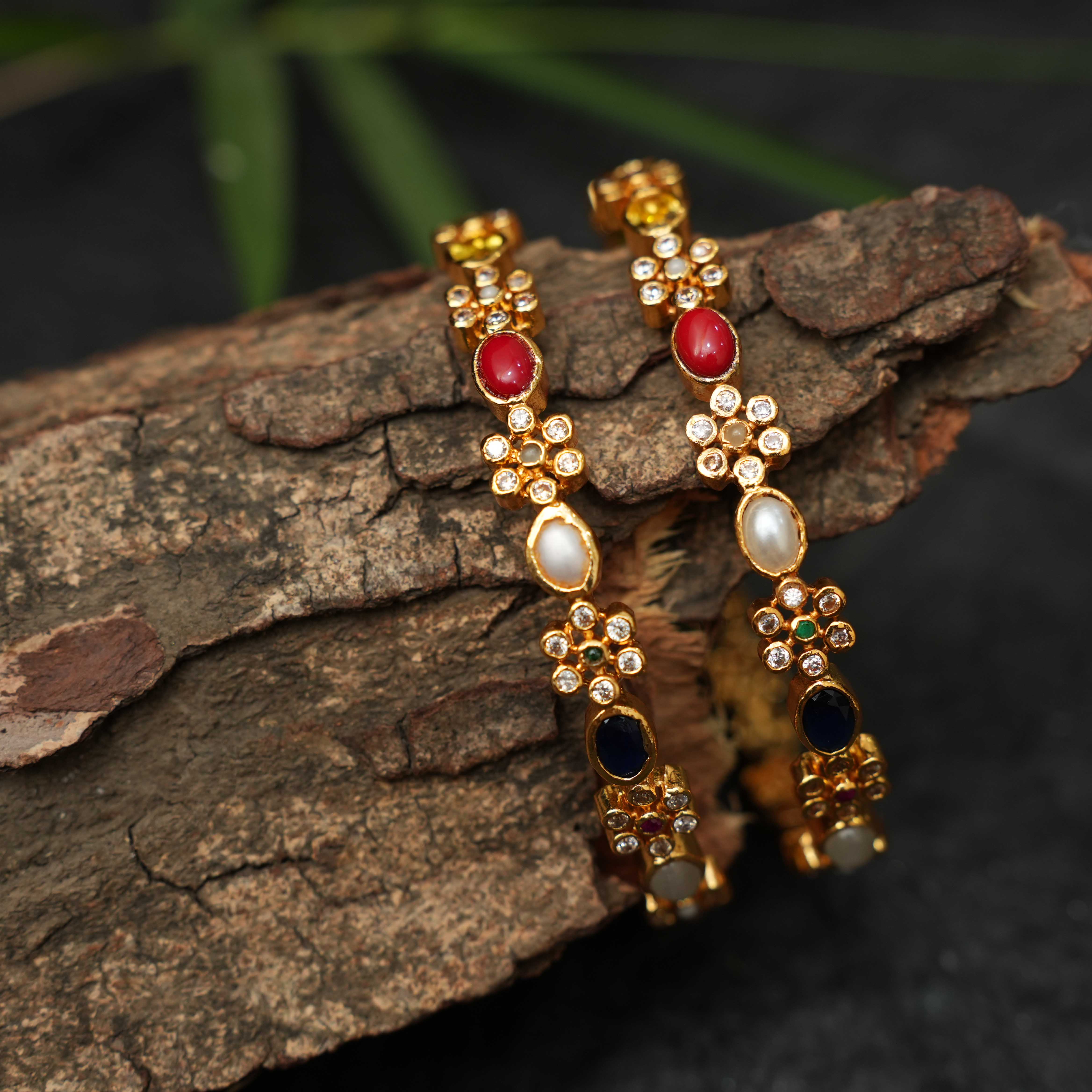 Mila 925 Silver Gold Plated Navaratna Bangle (Pair) - Rimli Boutique