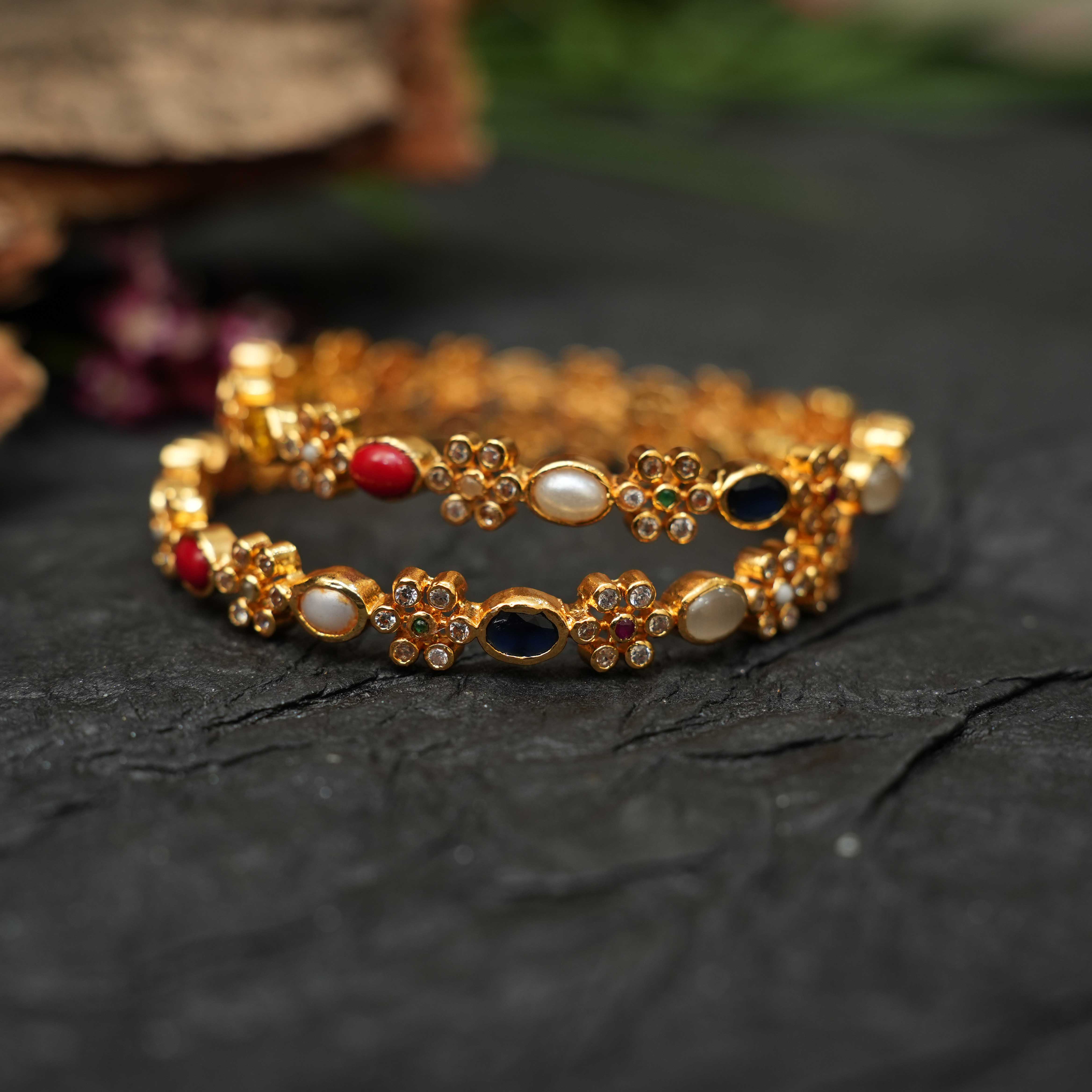 Mila 925 Silver Gold Plated Navaratna Bangle (Pair) - Rimli Boutique