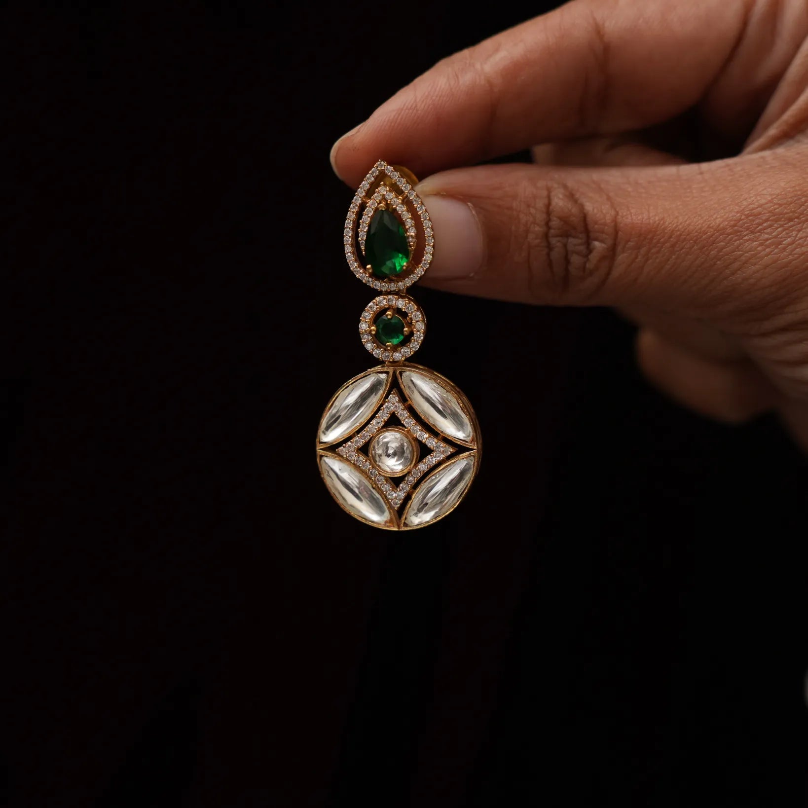 Saaruja Polki Designer Earrings - Green & White