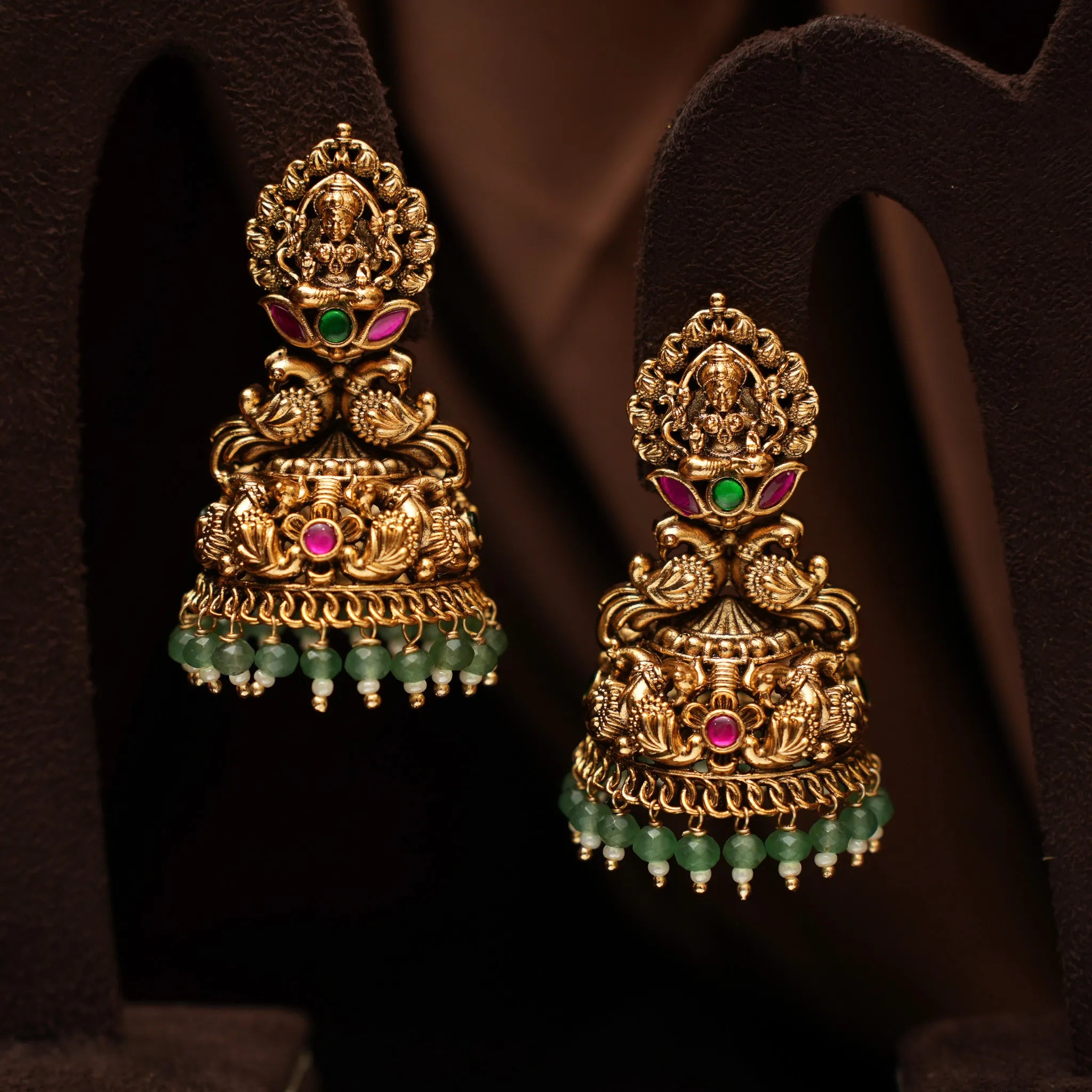 Samhita Antique Jhumka Earrings - Red & Green