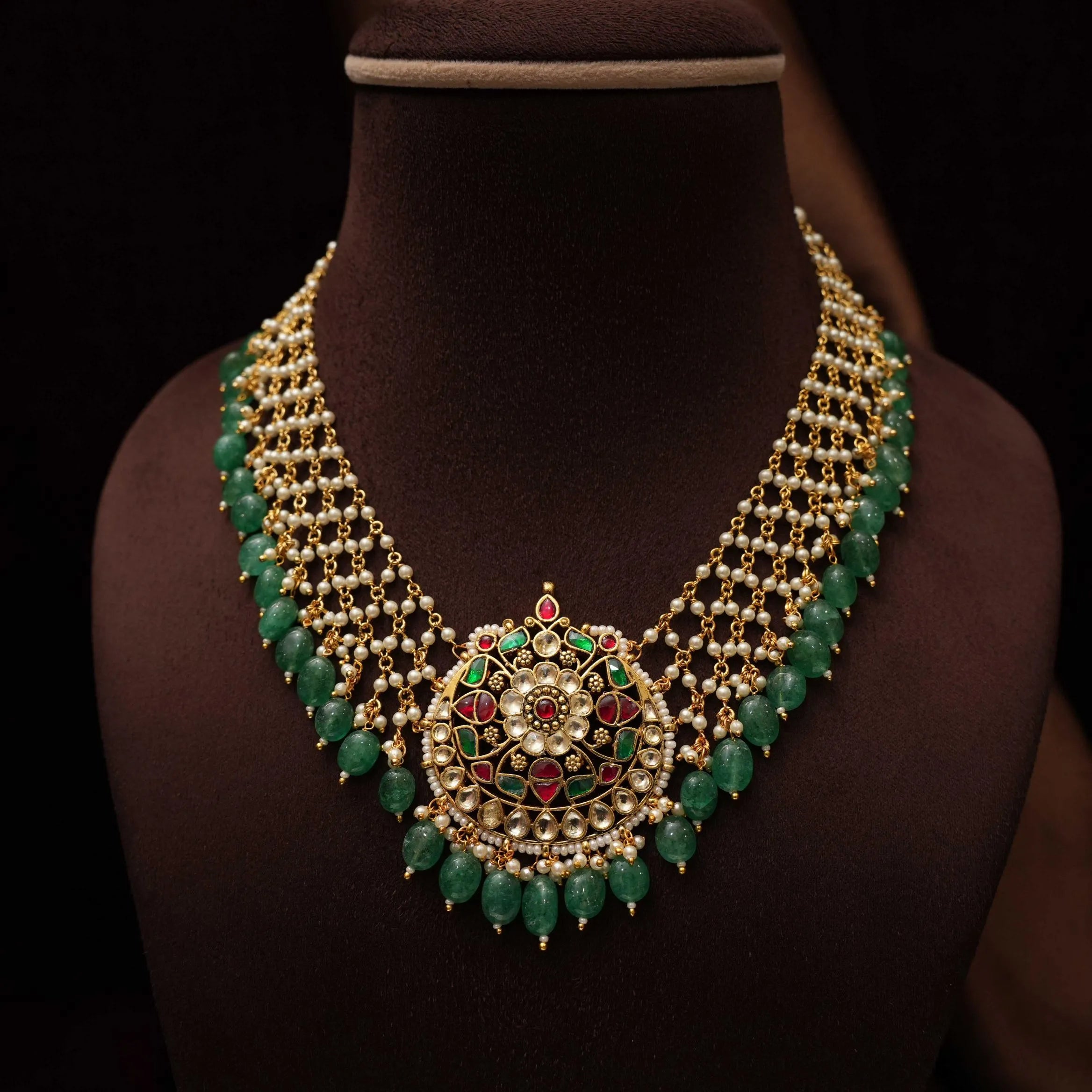 Sara Pearl Polki Necklace - Pastel Green