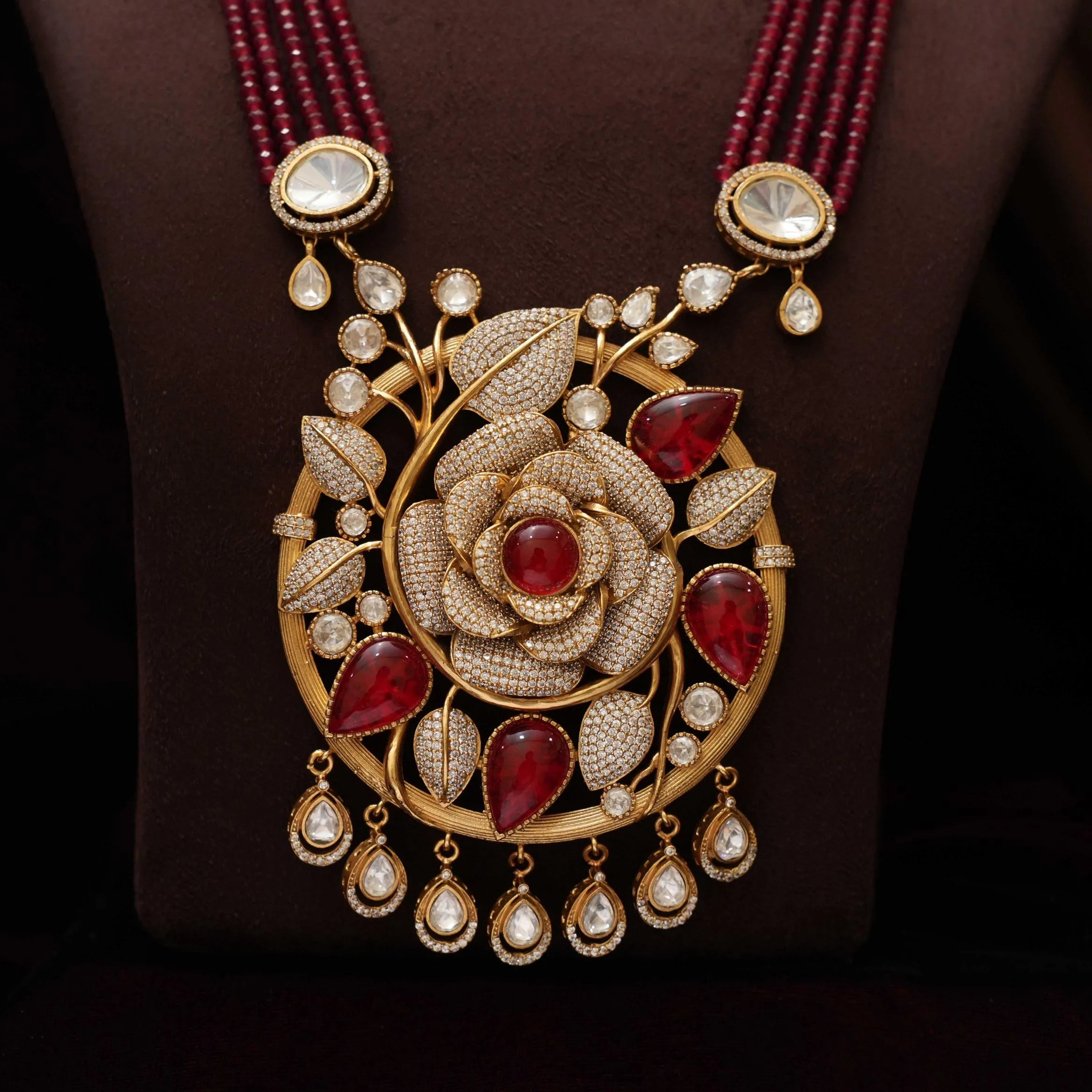 Sarisha Beaded Polki Necklace - Red