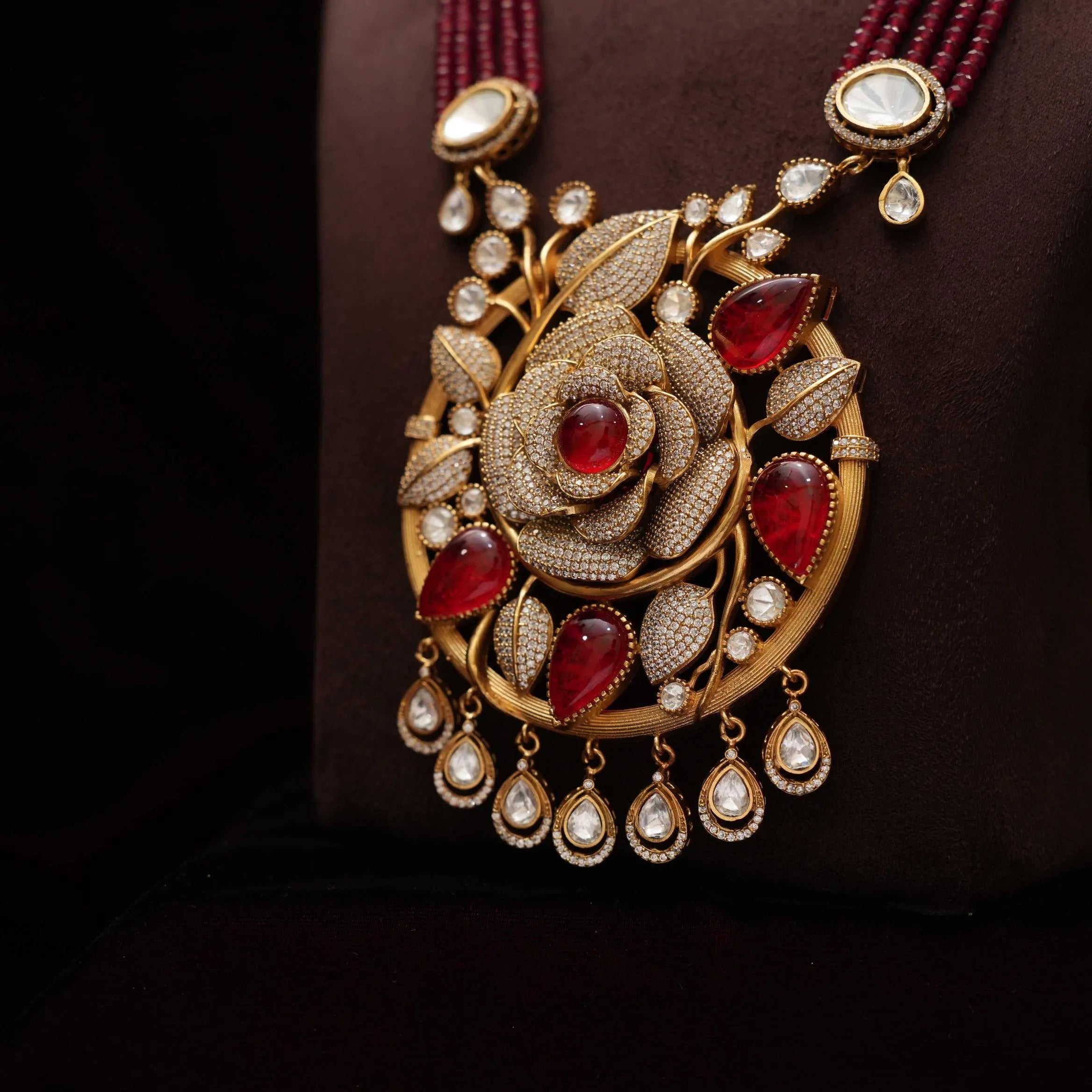 Sarisha Beaded Polki Necklace - Red