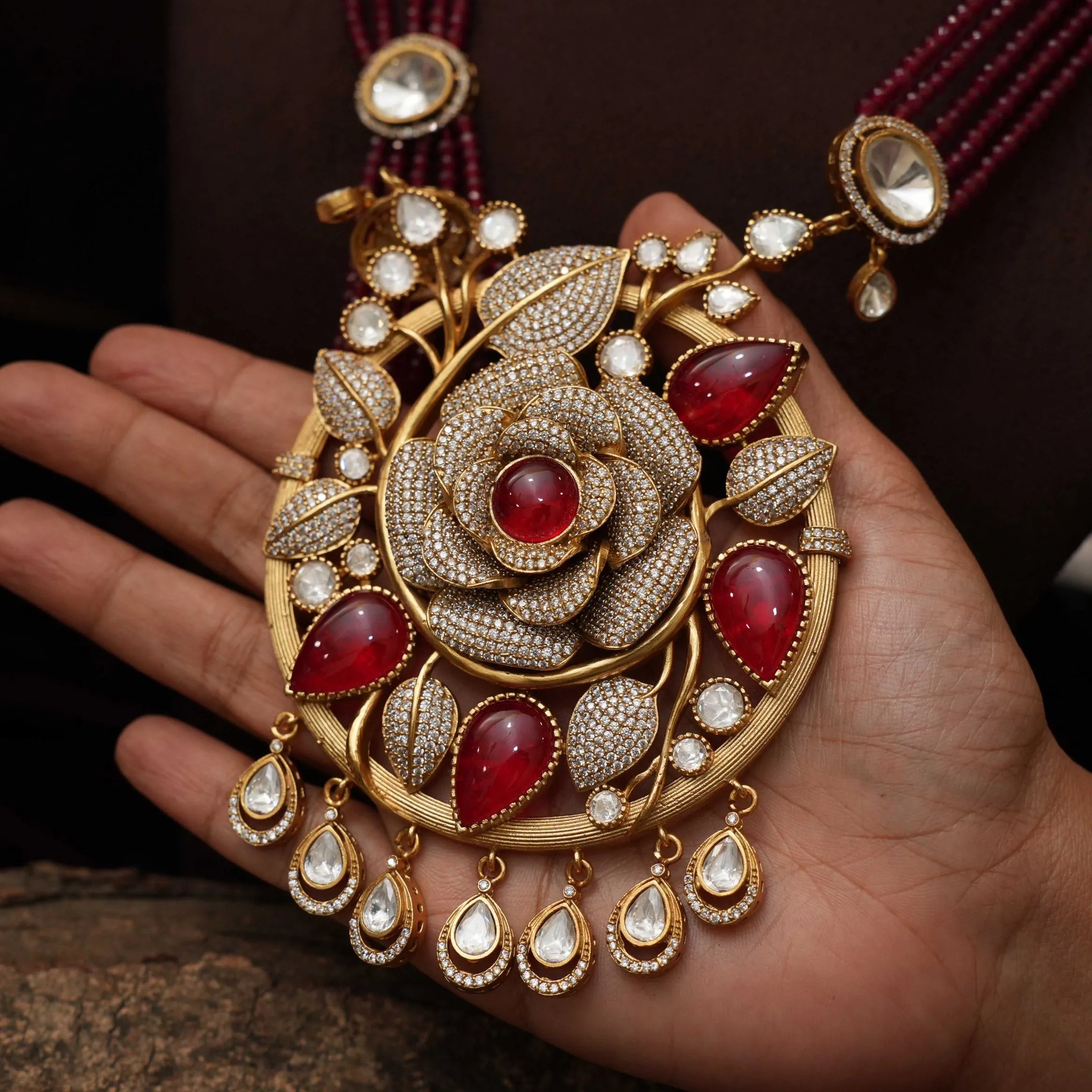 Sarisha Beaded Polki Necklace - Red