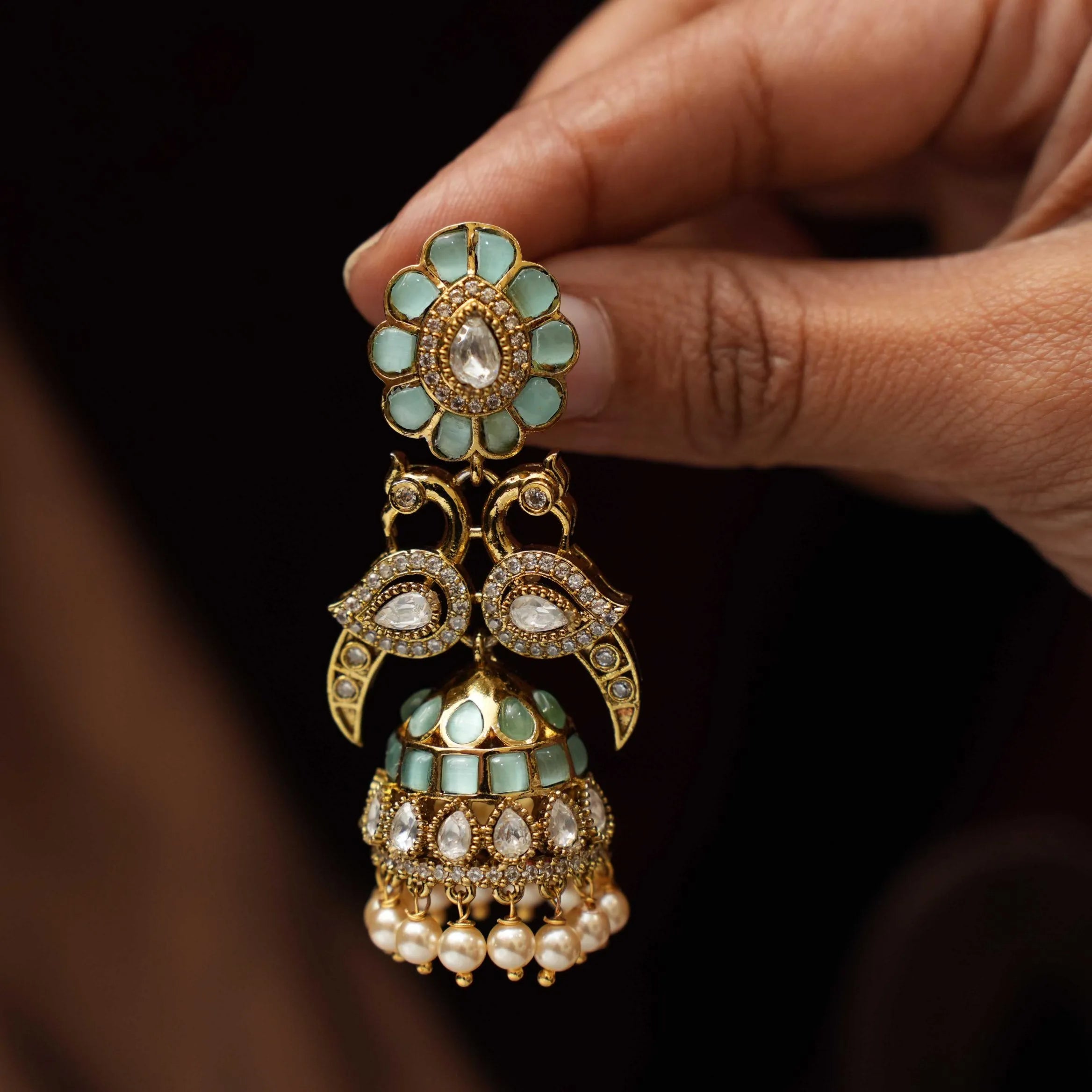Saveer Polki Jhumka Earrings - Aqua