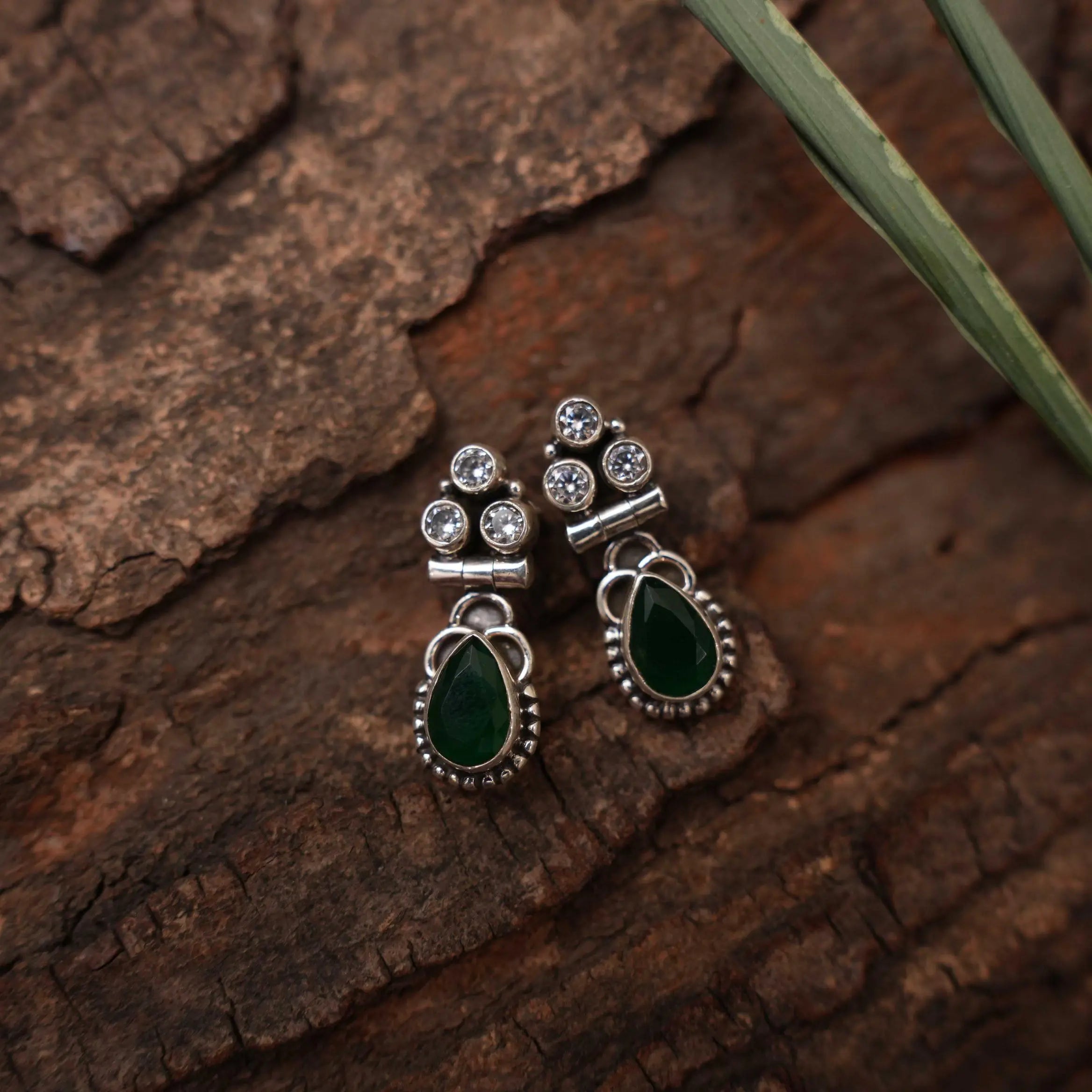 Sayuri Silver Oxidised Earrings - Green