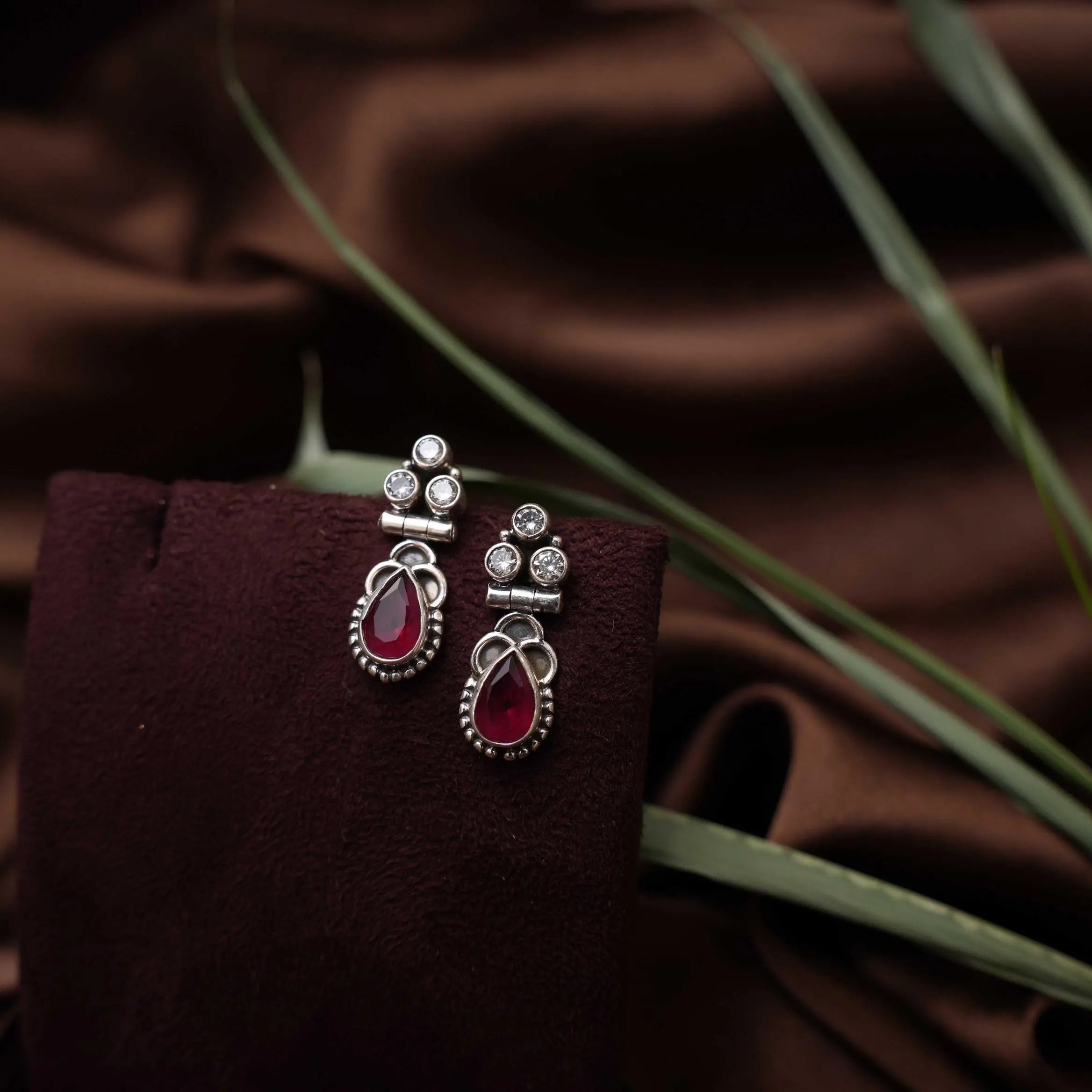 Sayuri Silver Oxidised Earrings - Red