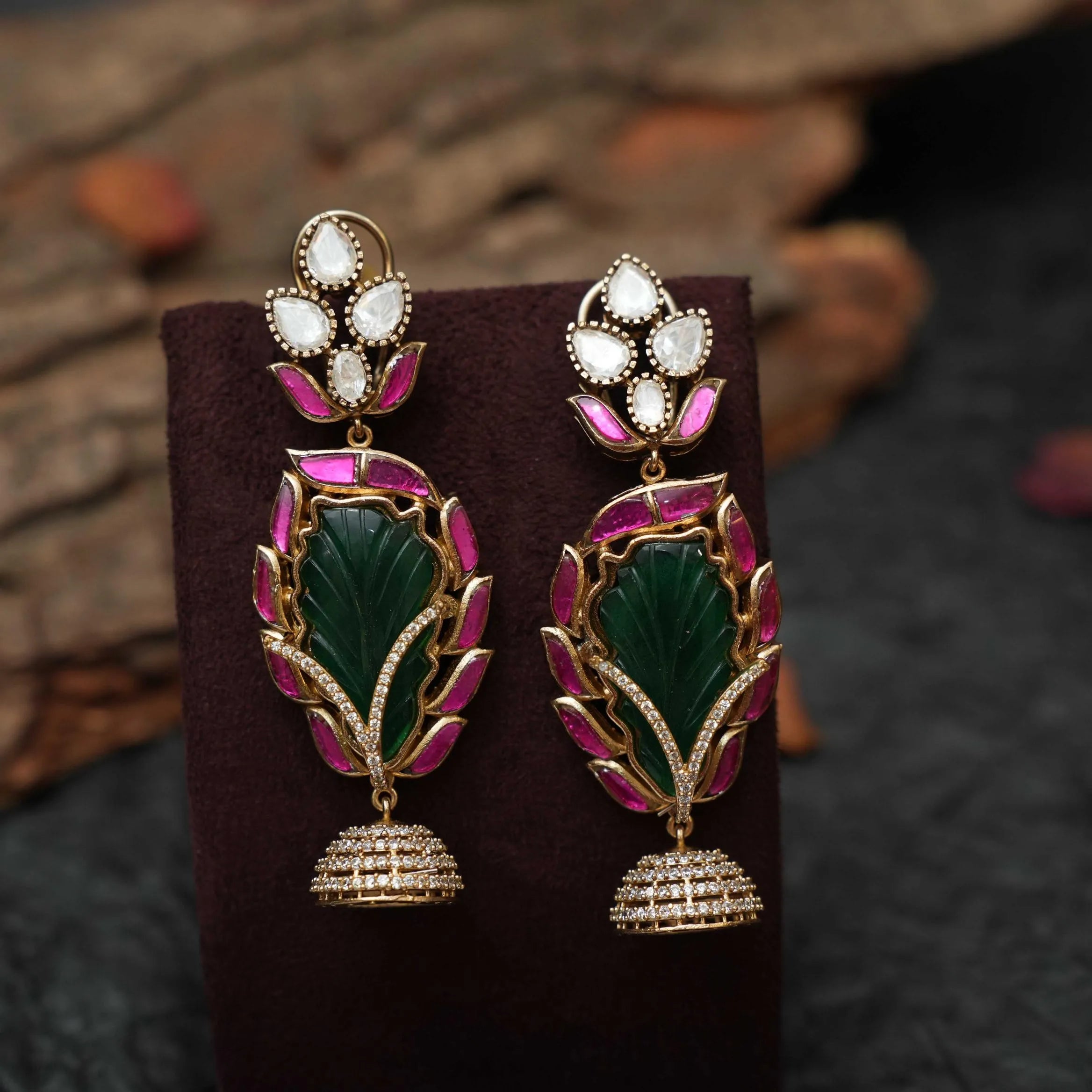 Sharuya Polki Designer Earrings - Dark Green