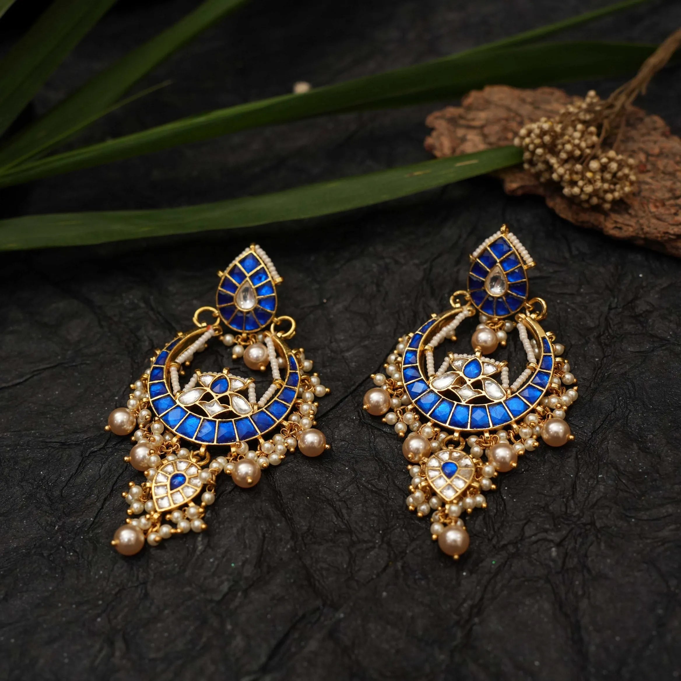 Sharvi Polki Chandbali Earrings - Blue