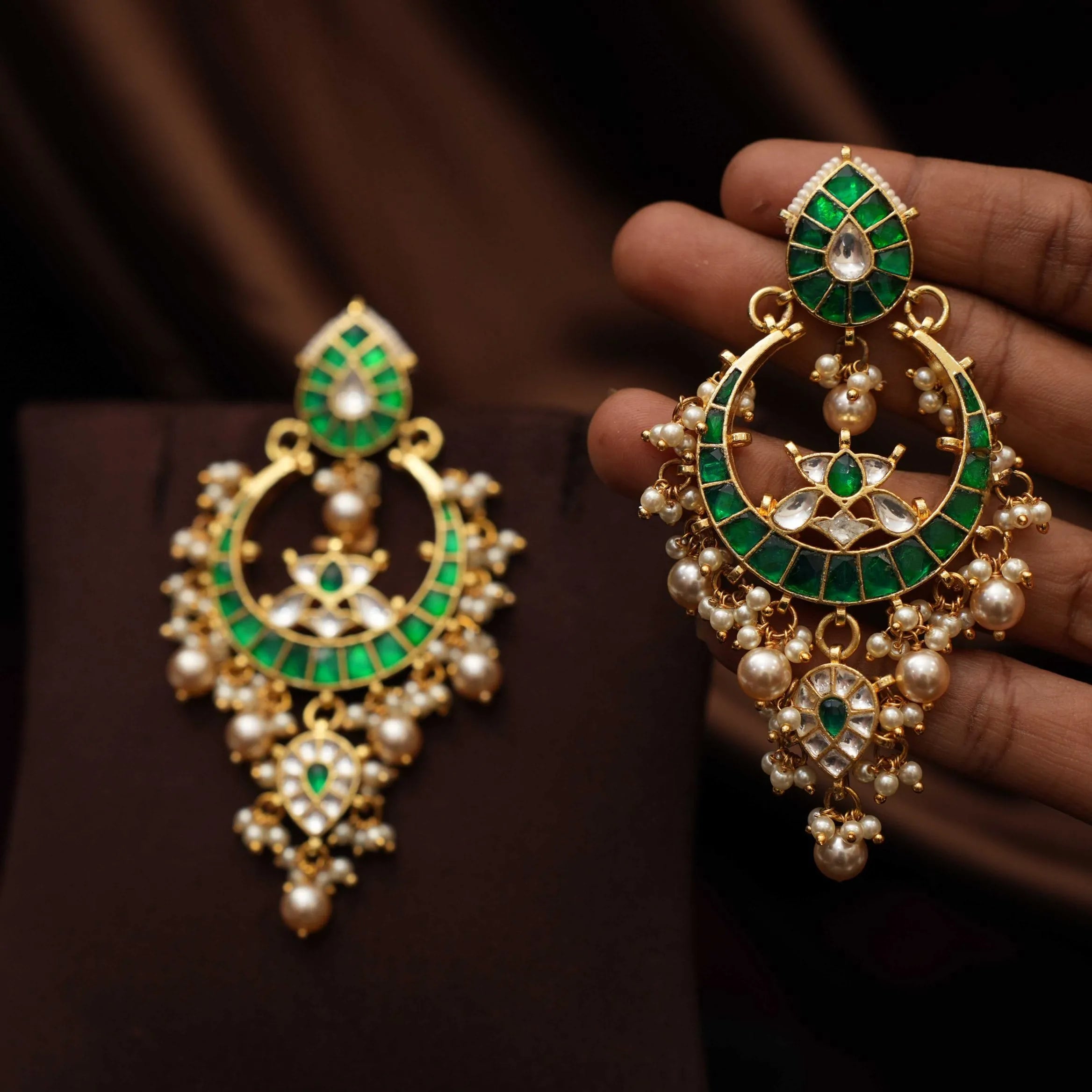 Sharvi Polki Chandbali Earrings - Green