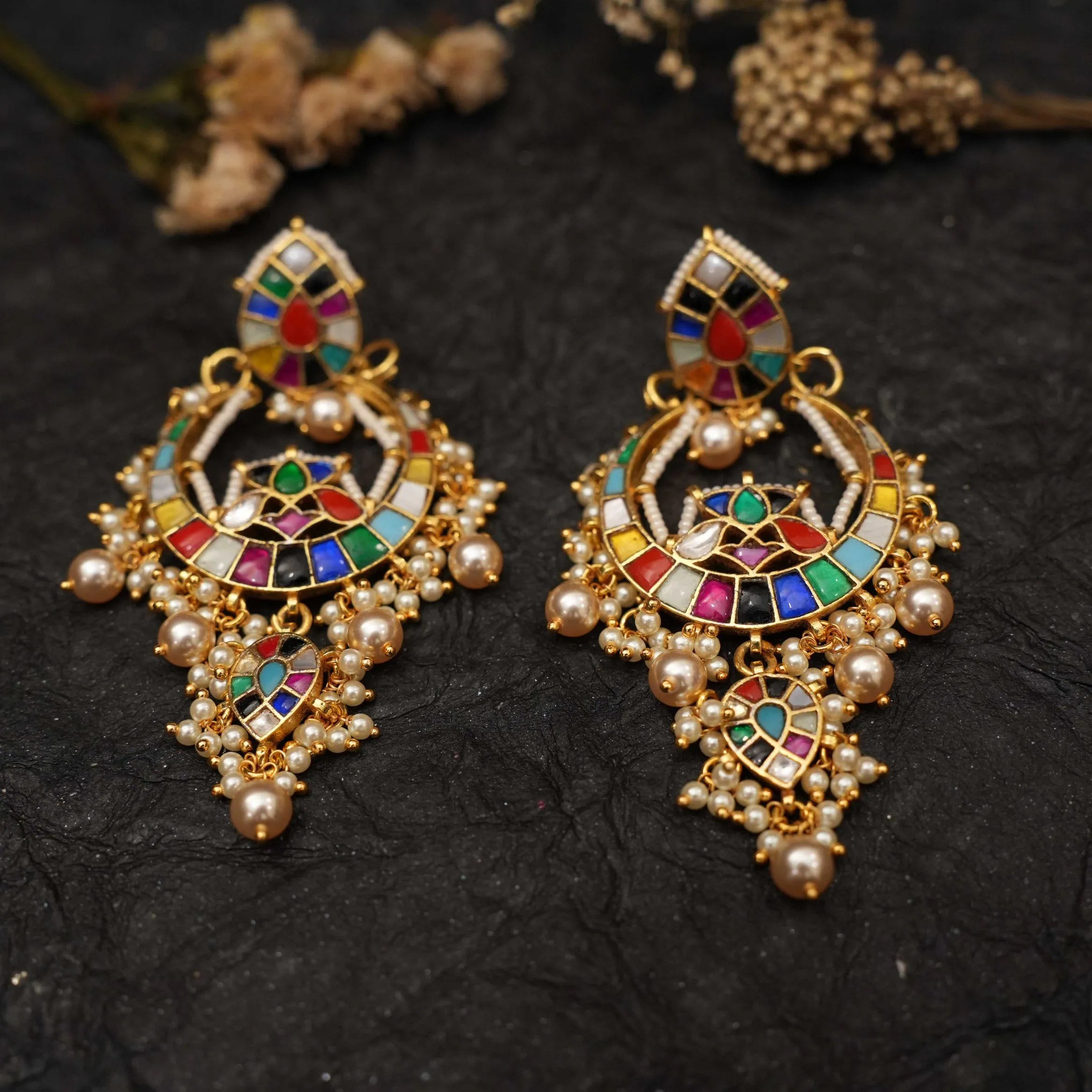 Sharvi Polki Chandbali Earrings - Multicolor