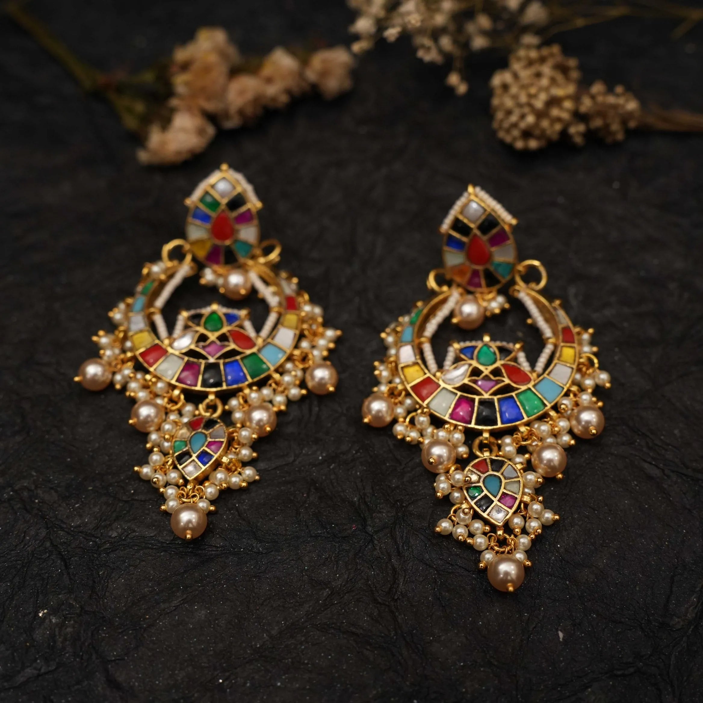 Sharvi Polki Chandbali Earrings - Multicolor