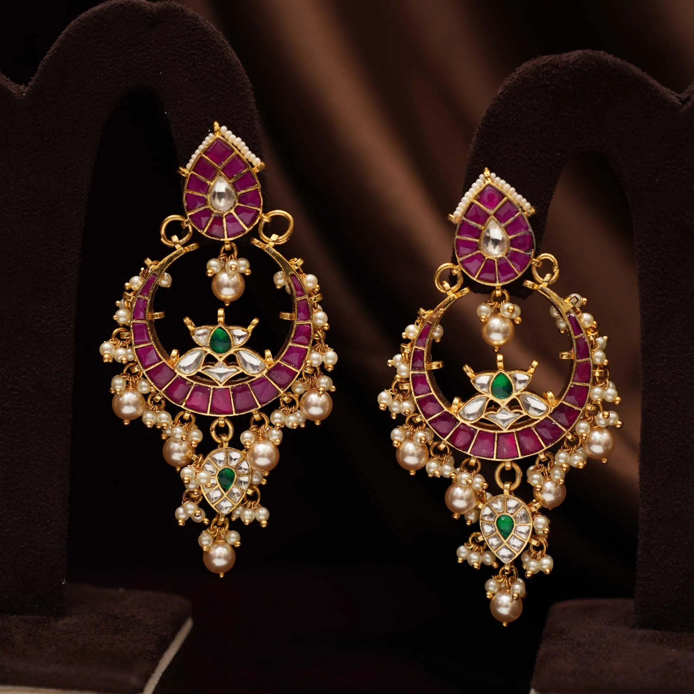 Sharvi Polki Chandbali Earrings - Red & Green