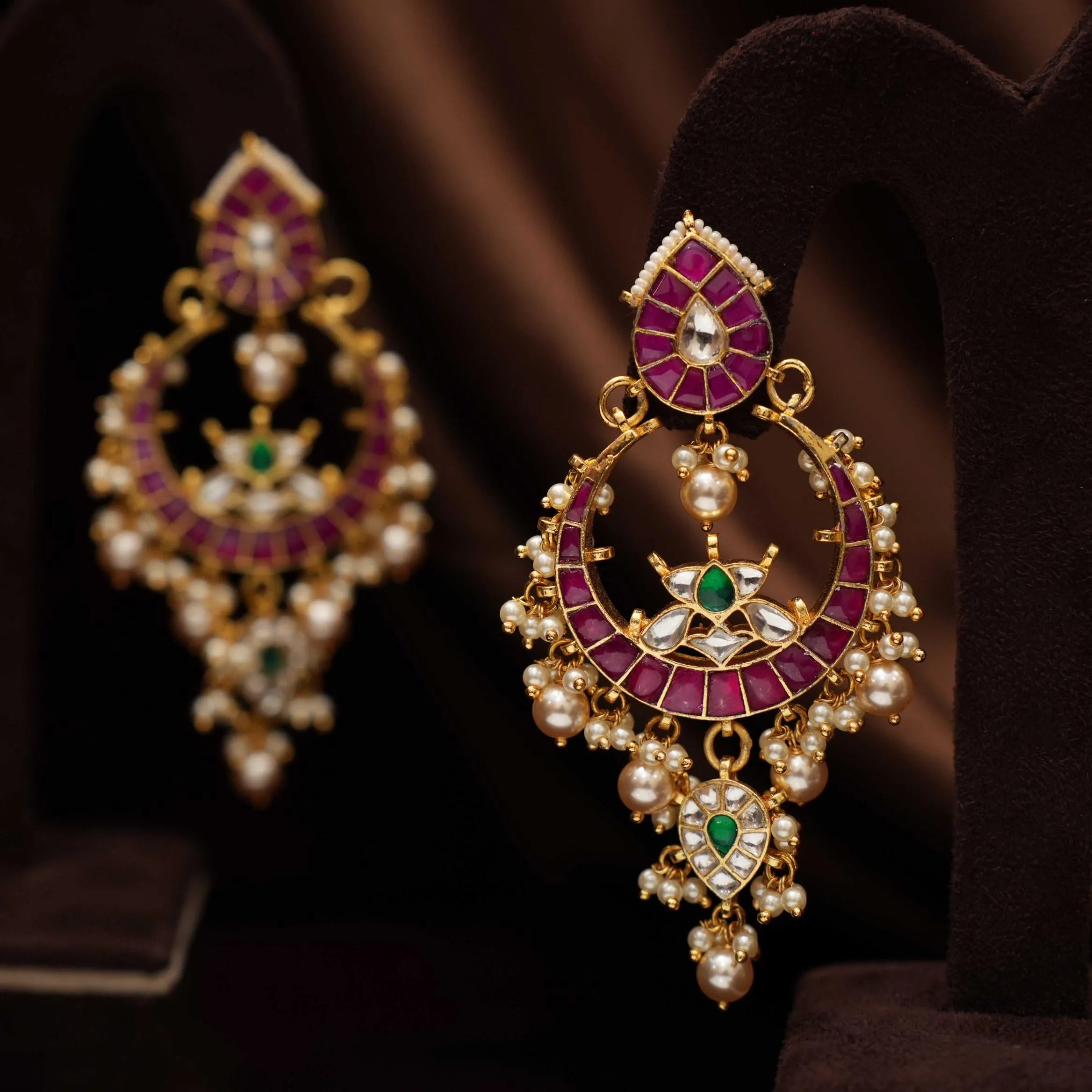Sharvi Polki Chandbali Earrings - Red & Green