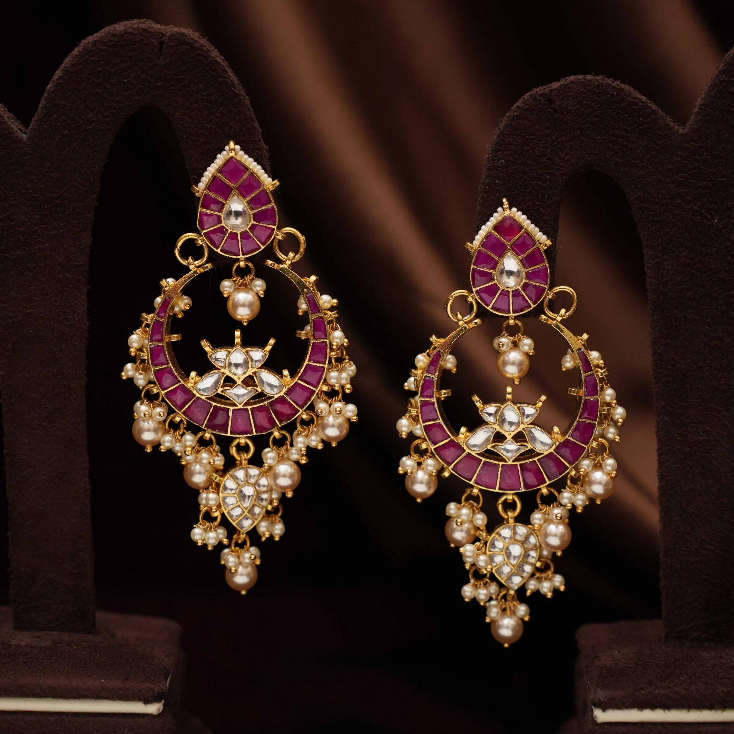 Sharvi Polki Chandbali Earrings - Red