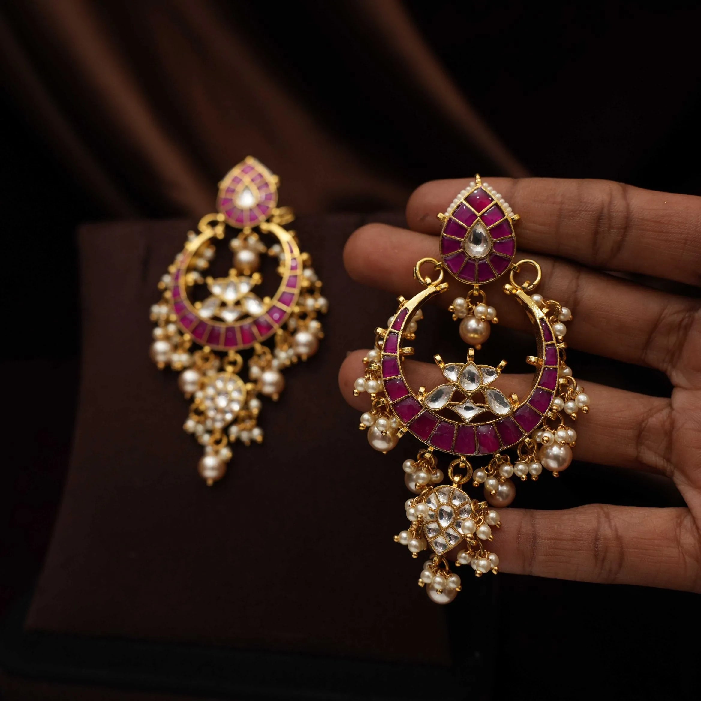 Sharvi Polki Chandbali Earrings - Red
