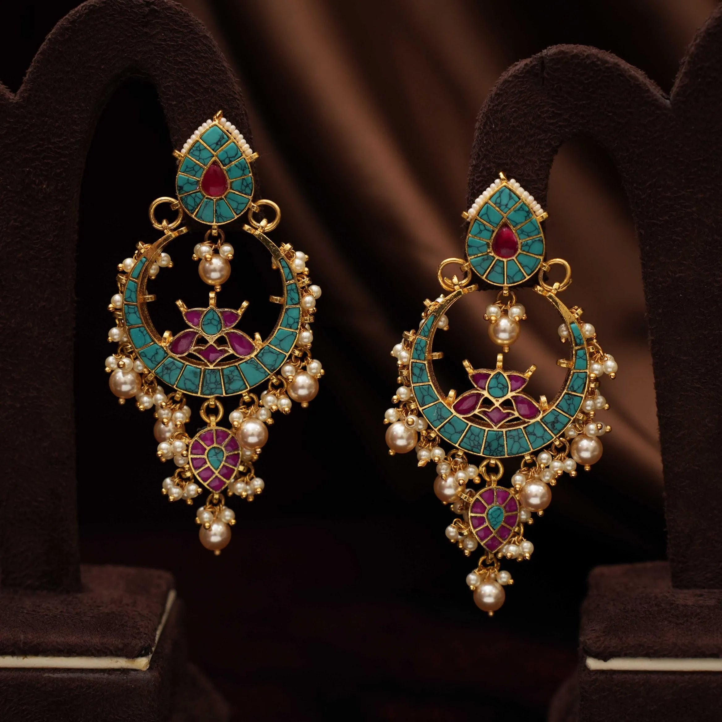 Sharvi Polki Chandbali Earrings - Turquoise