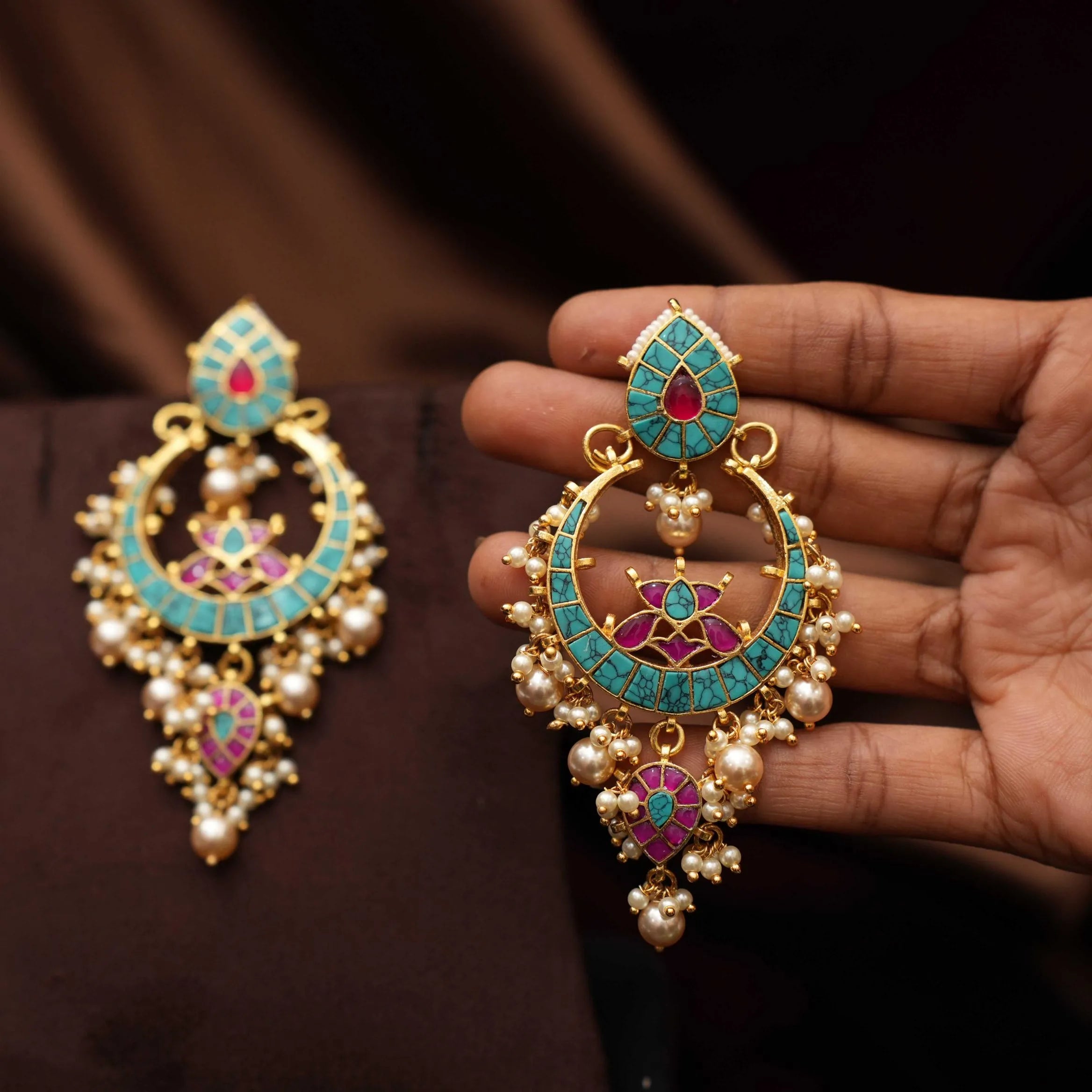 Sharvi Polki Chandbali Earrings - Turquoise