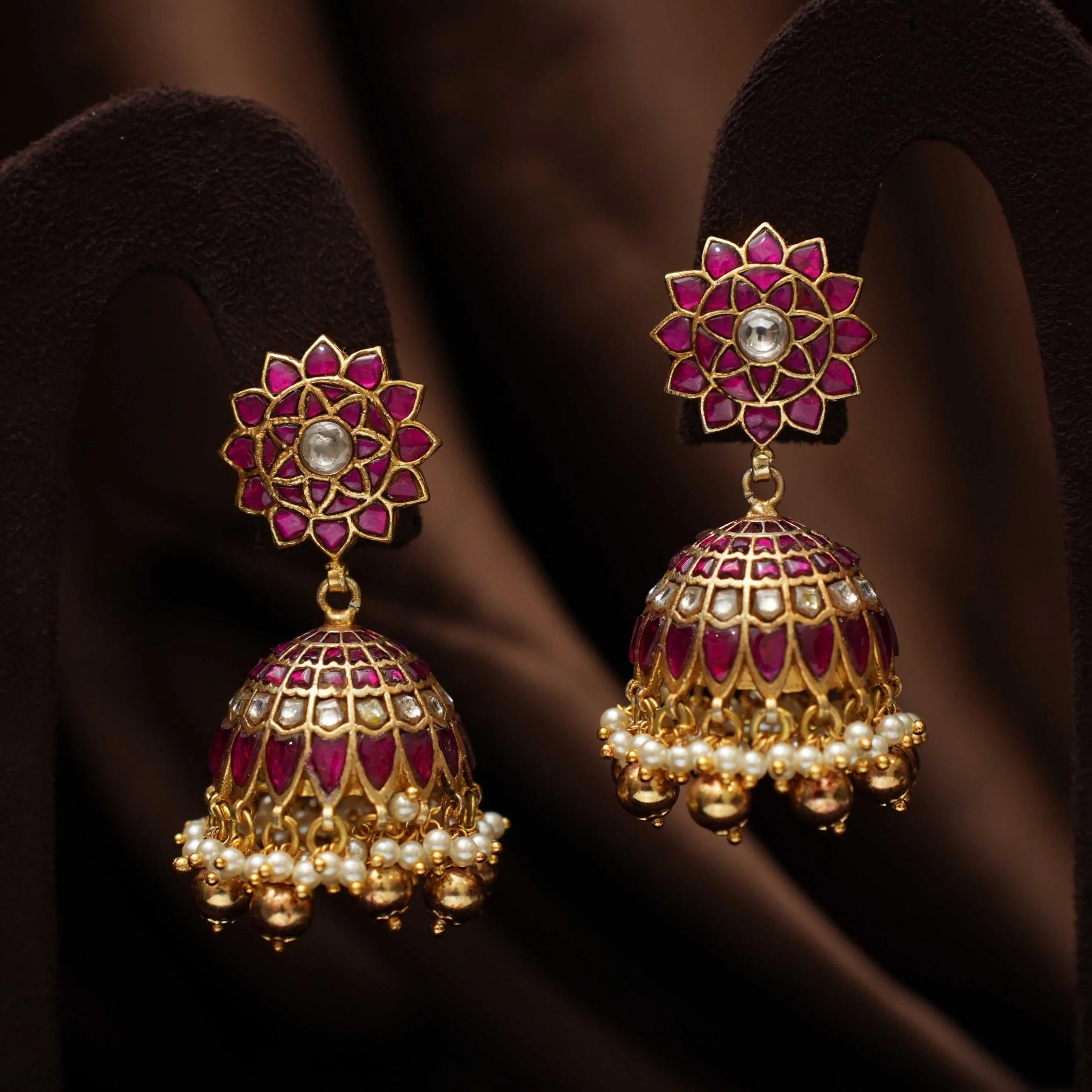 Shiloh Polki Jhumka Earrings - Red & White