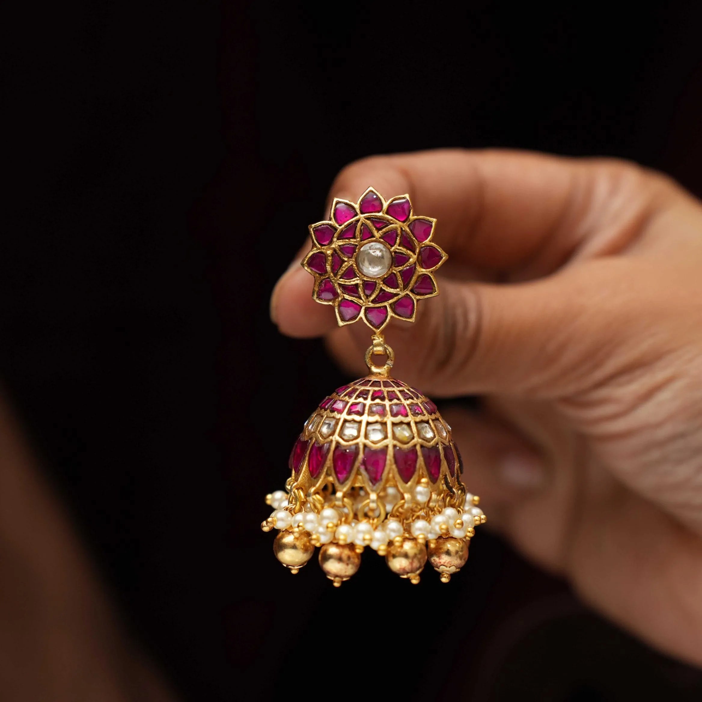 Shiloh Polki Jhumka Earrings - Red & White