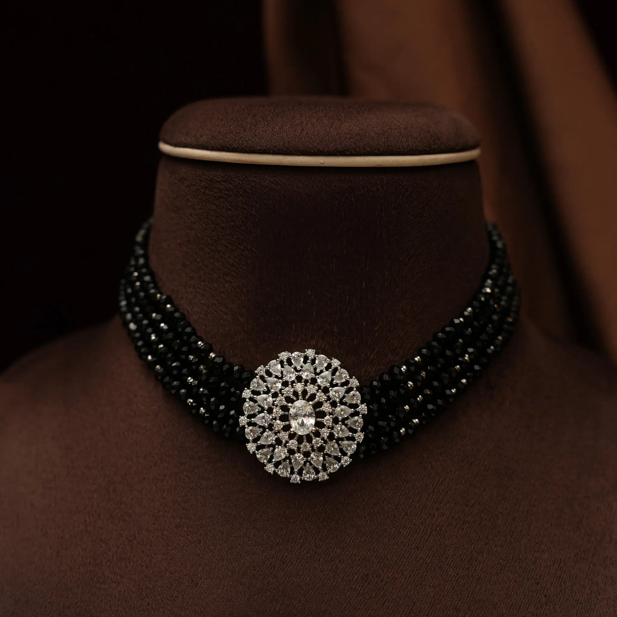 Shreya Beaded Choker - Black Silver Toned Finish