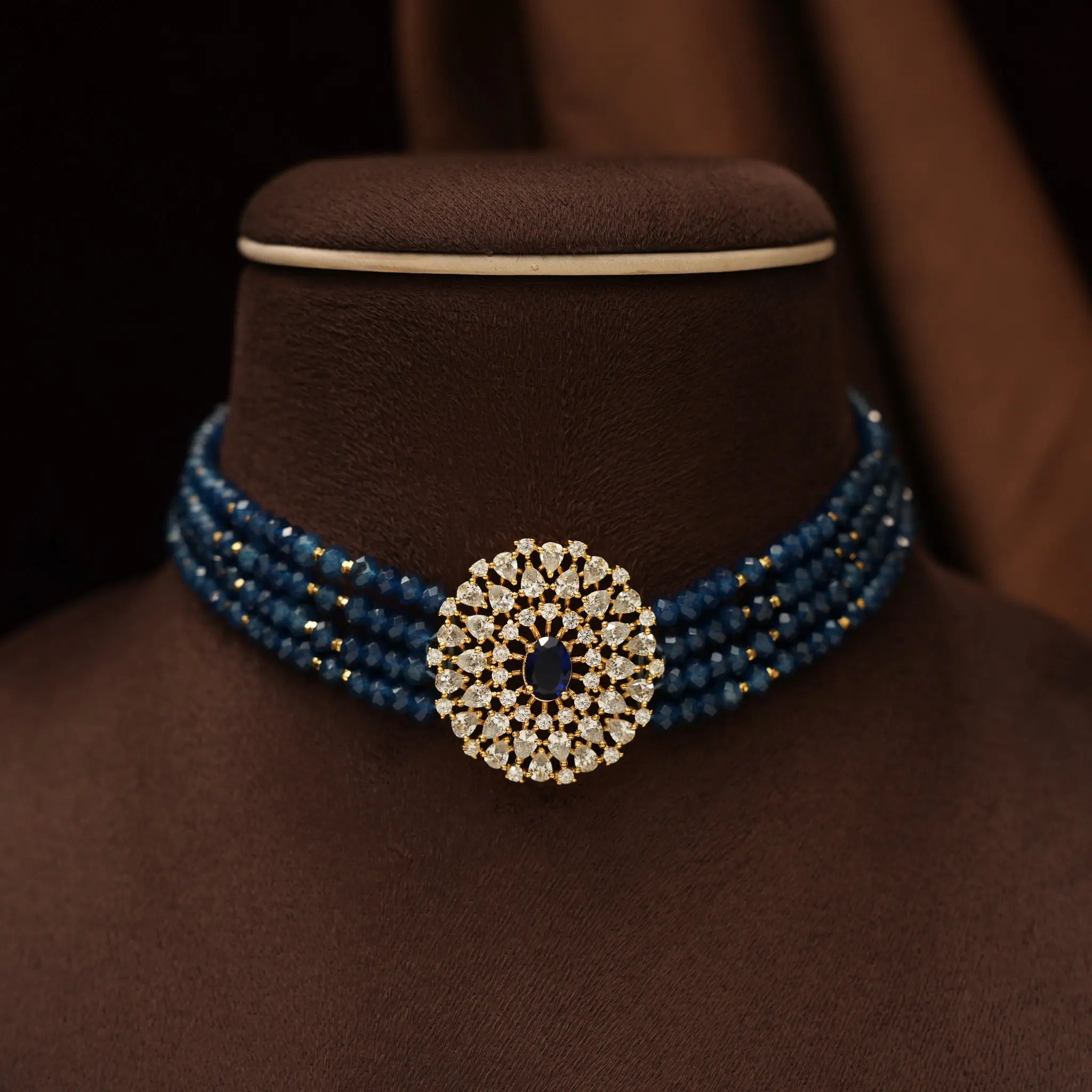 Shreya Beaded Choker - Blue Gold Tone Finish