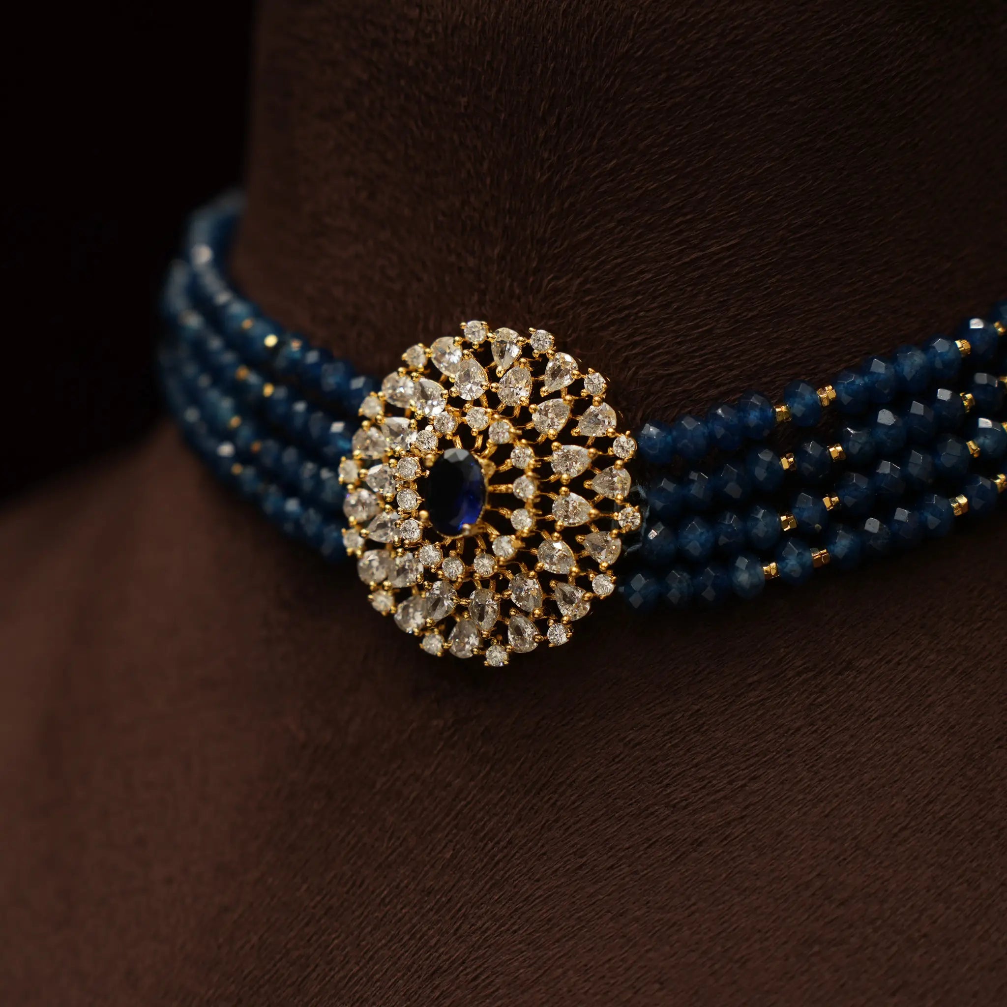 Shreya Beaded Choker - Blue Gold Tone Finish