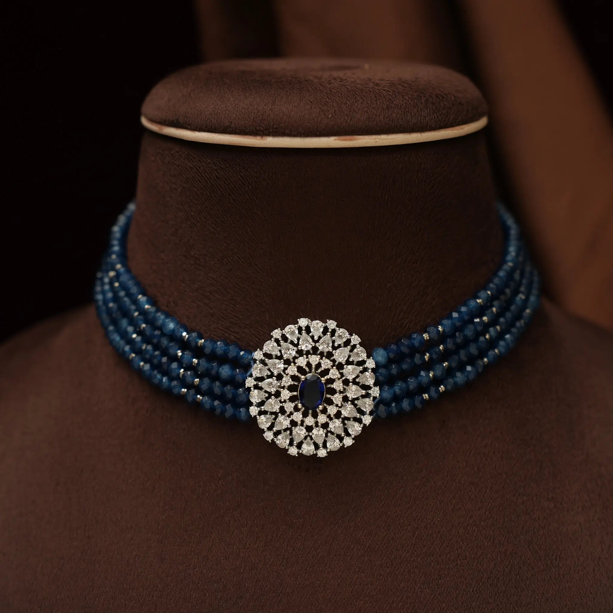 Shreya Beaded Choker - Blue Silver Toned Finish