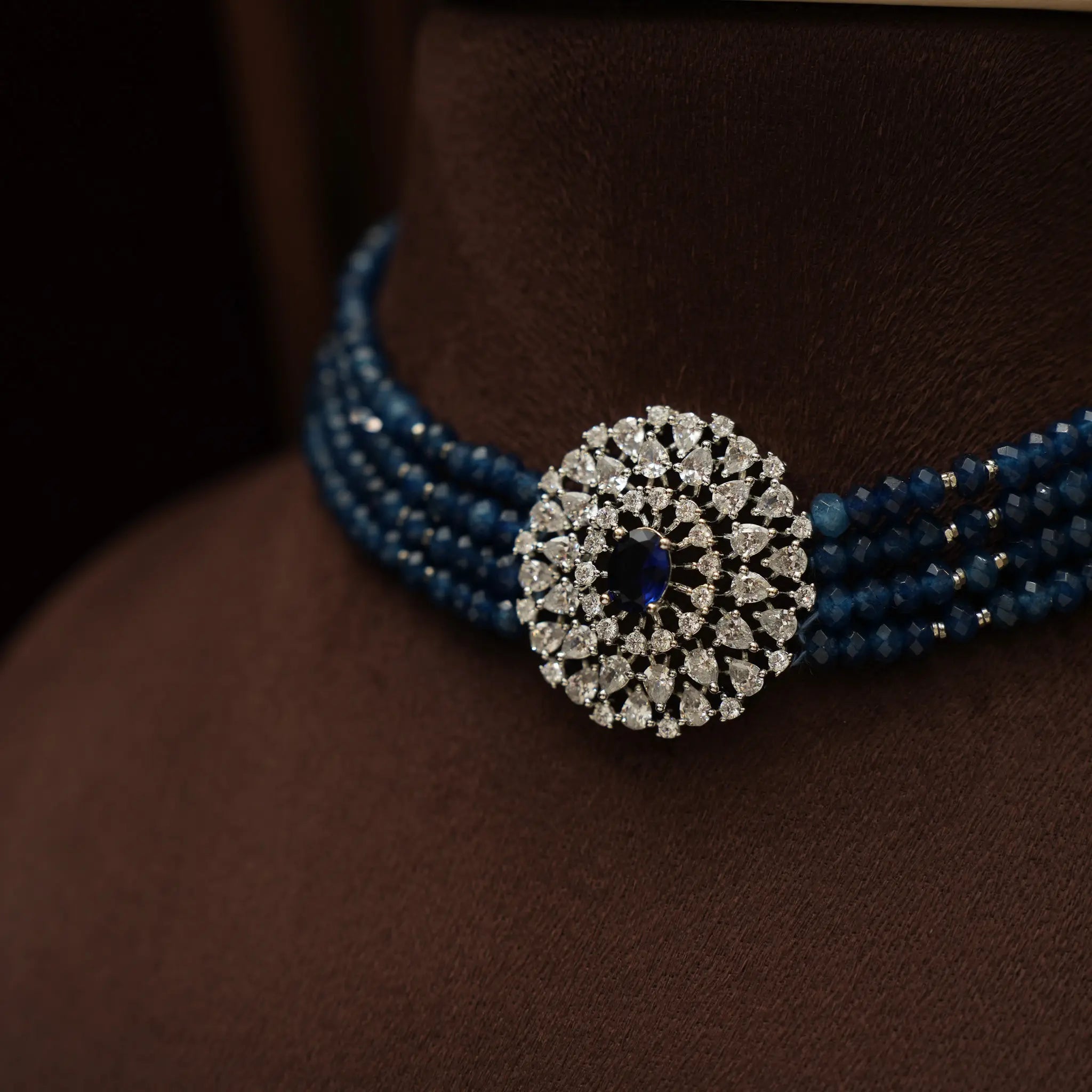 Shreya Beaded Choker - Blue Silver Toned Finish