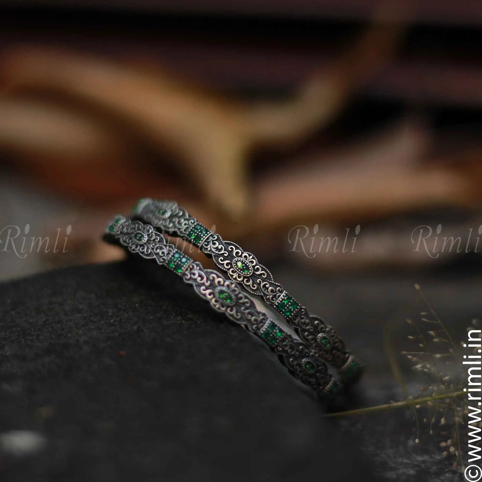 Ethnic Green Silver Bangles - Rimli Boutique