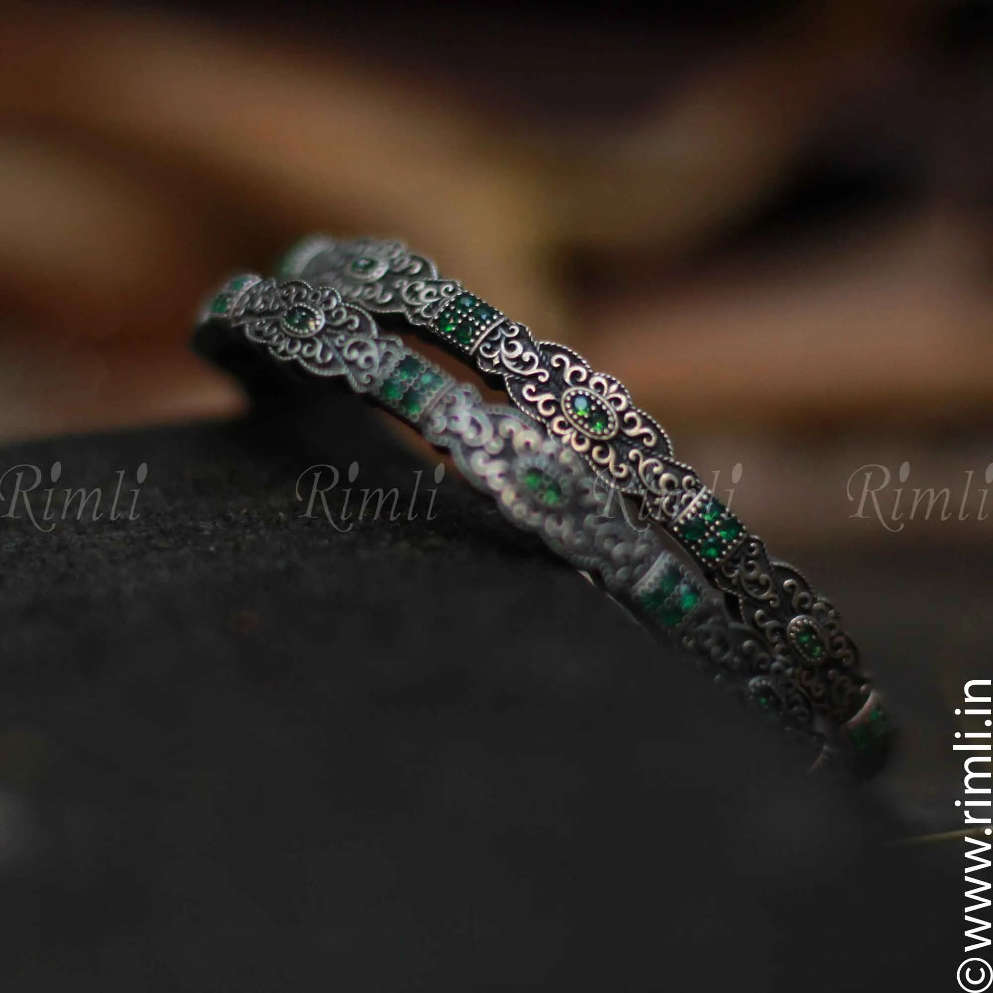 Ethnic Green Silver Bangles - Rimli Boutique