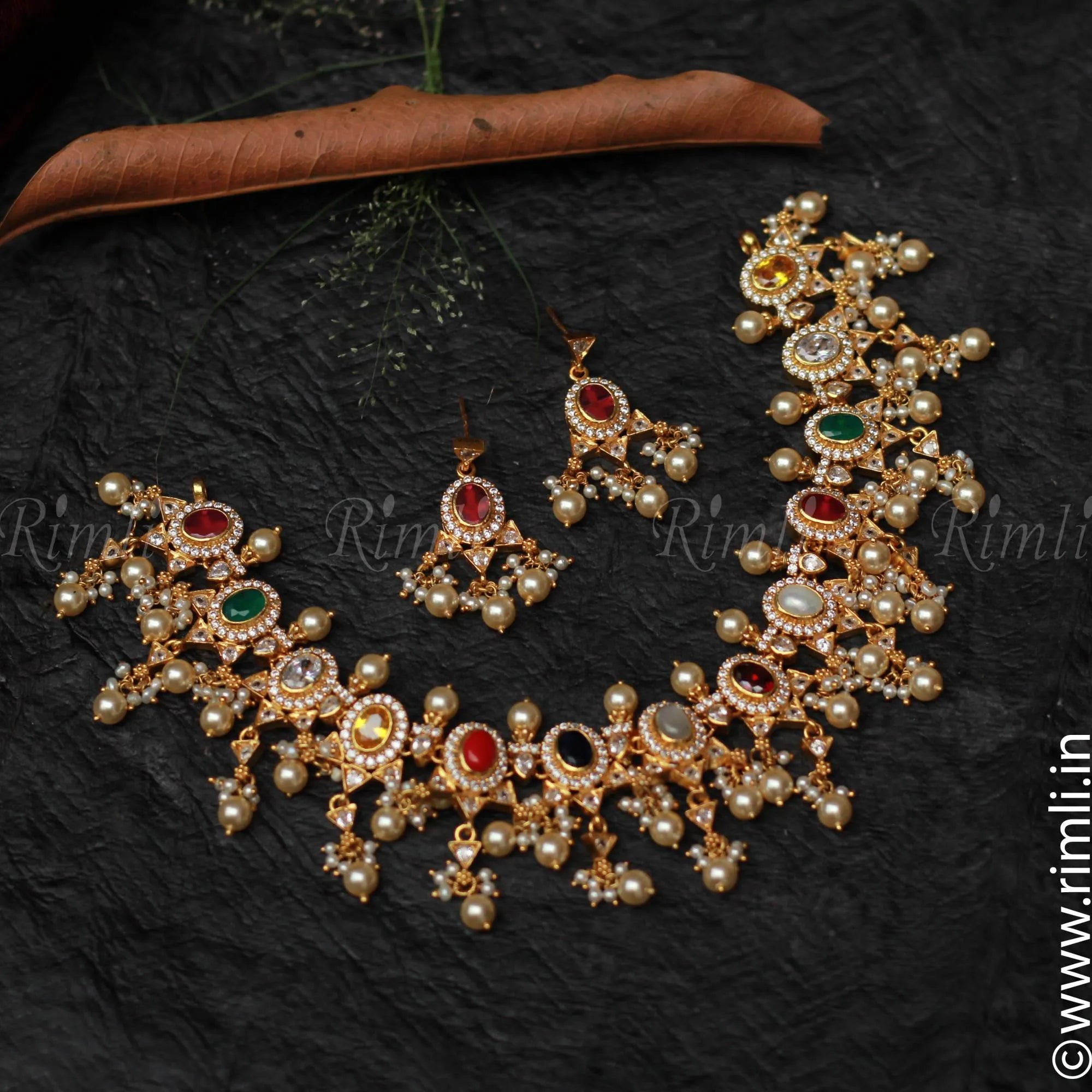 Silver Navrathna Necklace Set - Rimli Boutique