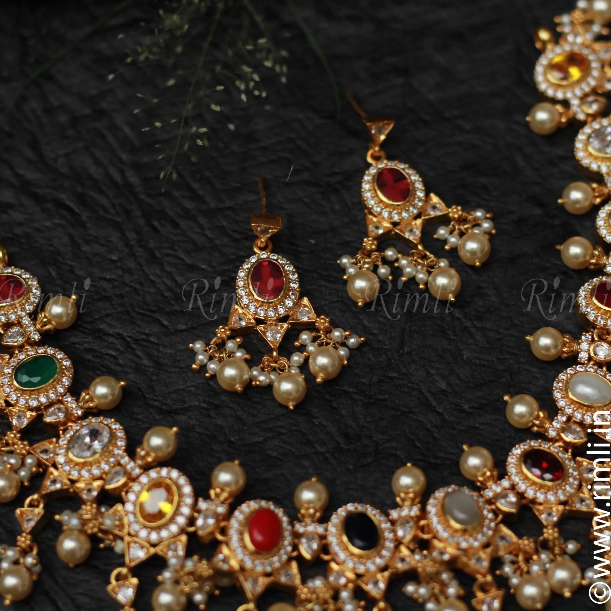 Silver Navrathna Necklace Set - Rimli Boutique